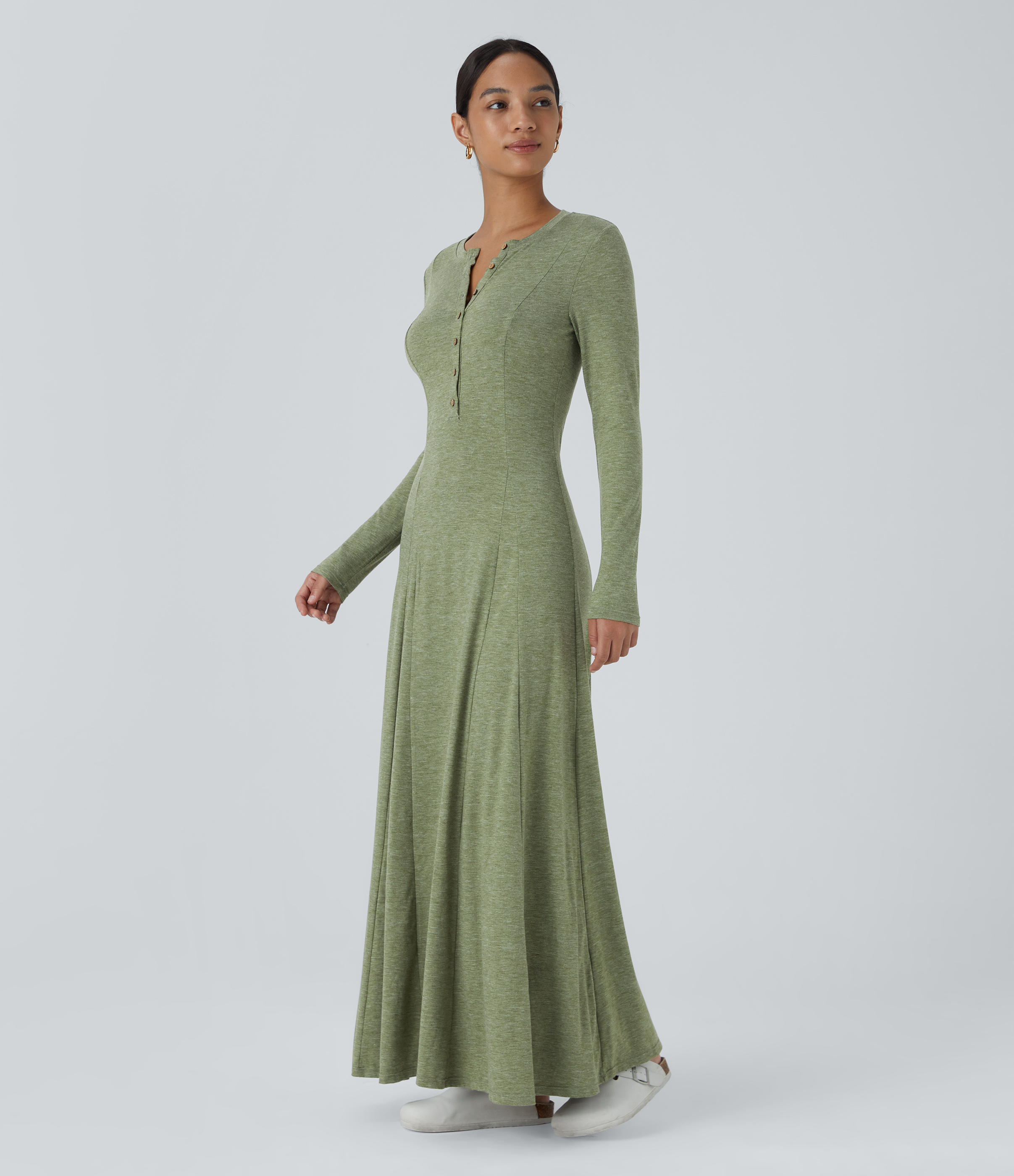 Robe de Casual Maxi Manches Longues Évasées et Boutons au Col Rond