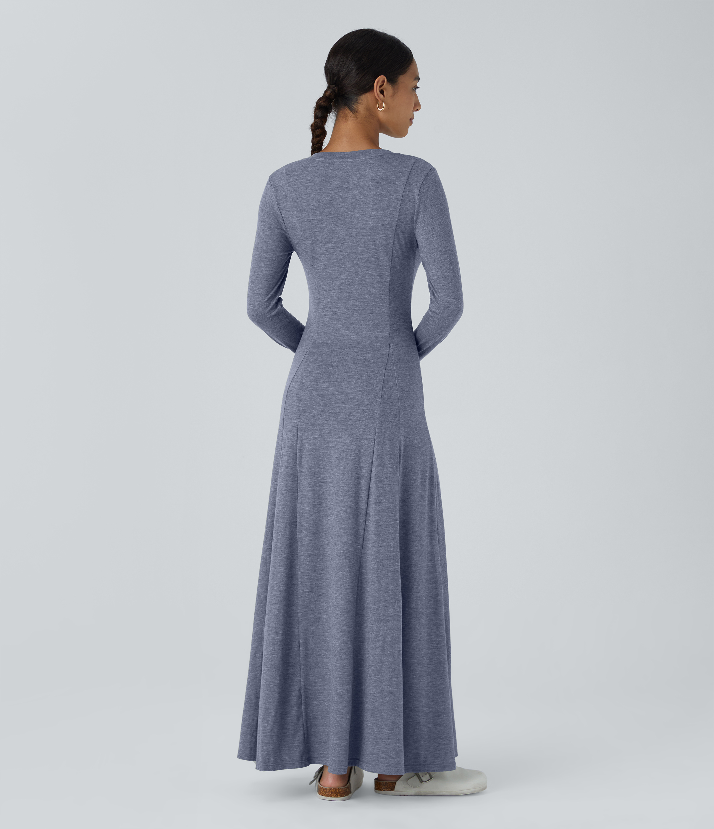 Halara Round Neck Button Long Sleeve Flare Maxi Casual Dress Casual Dress - Mottled Indigo - S slip dress beach dress ruched dress 
