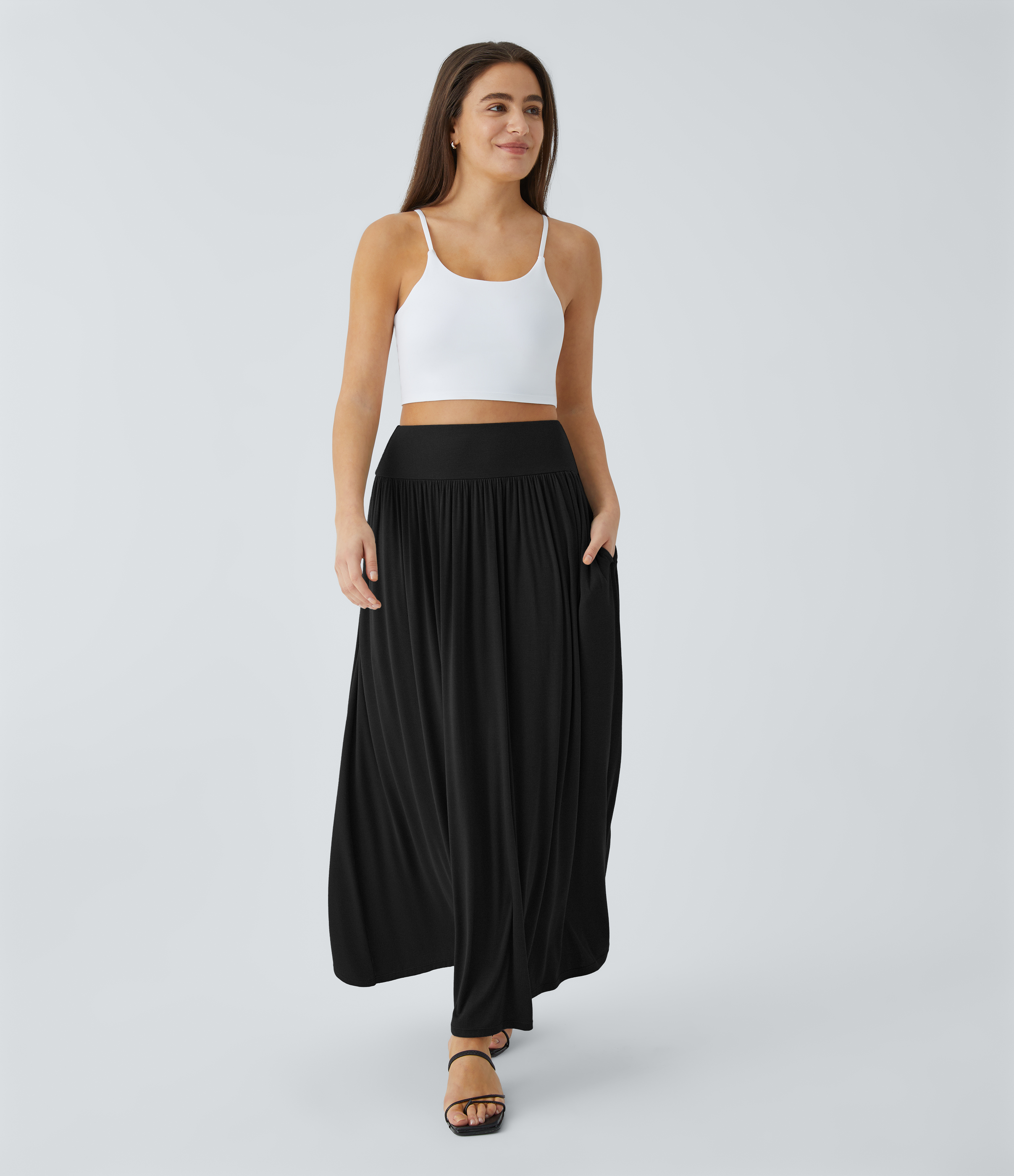 Halara Ribbed High Waisted Plicated Side Pocket Flare Flowy Maxi Casual Skirt  - Black - M(regular) 