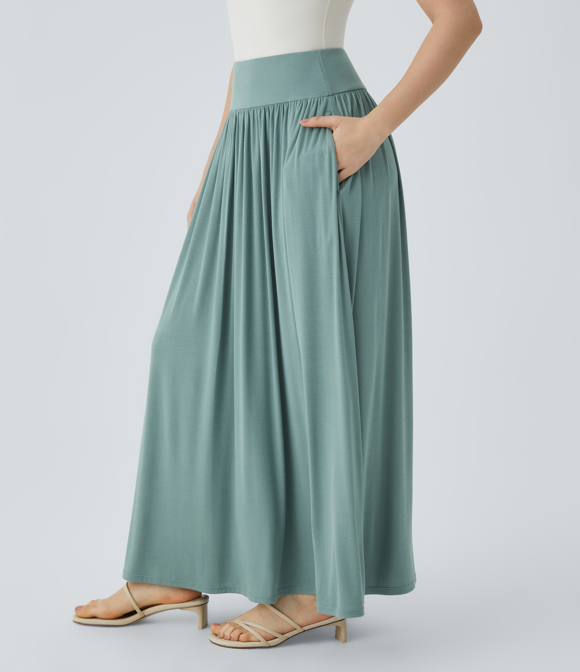 Halara Ribbed High Waisted Plicated Side Pocket Flare Flowy Maxi Casual Skirt  - Clear Green - XS(regular) 