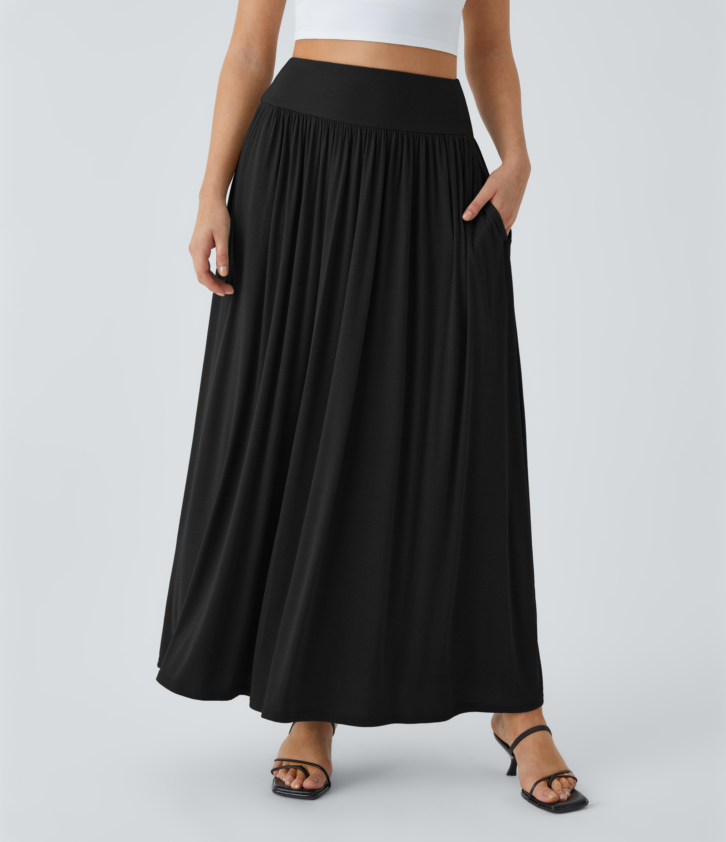 Halara Ribbed High Waisted Plicated Side Pocket Flare Flowy Maxi Casual Skirt  - Black - M(regular) 