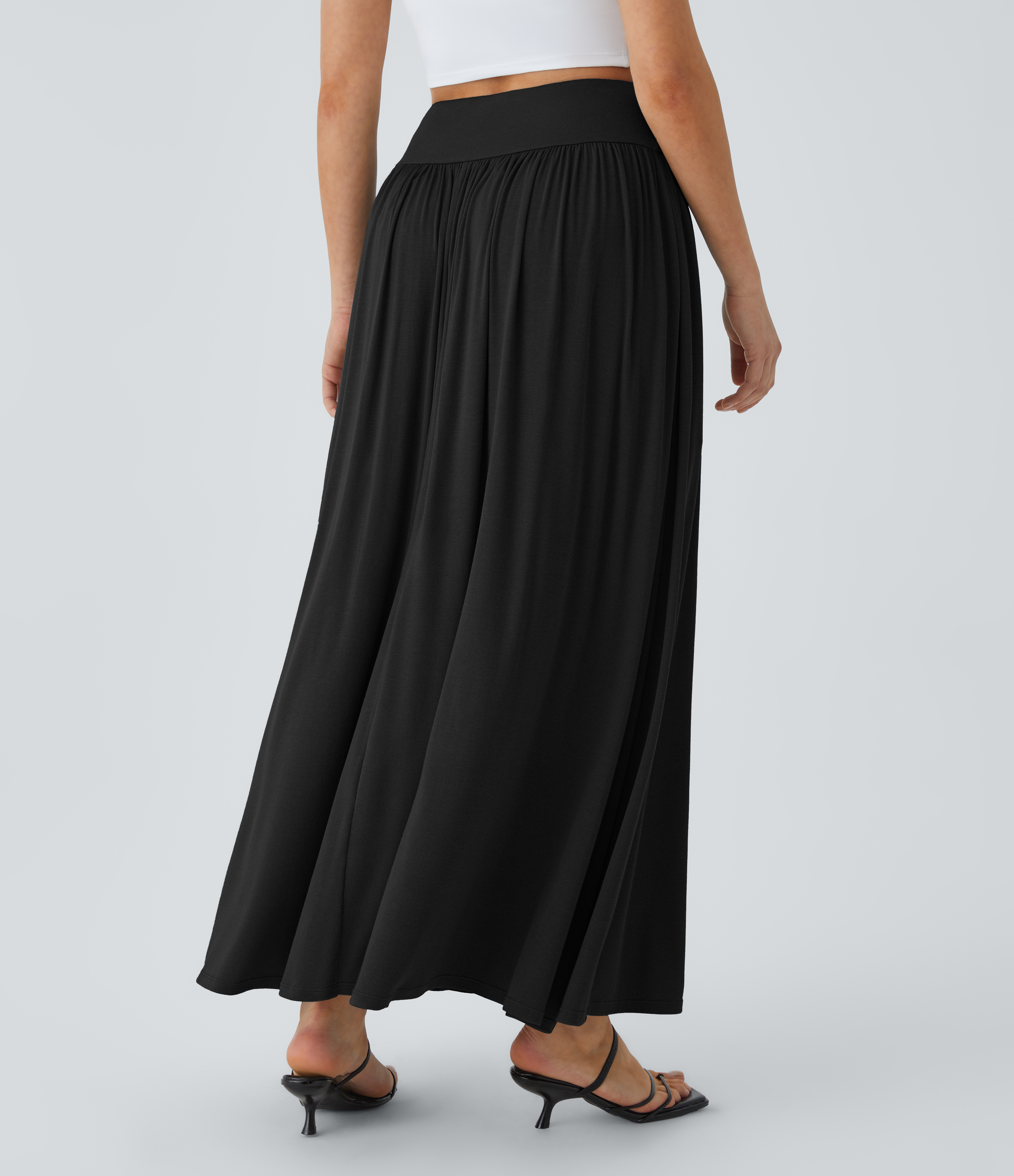 Halara Ribbed High Waisted Plicated Side Pocket Flare Flowy Maxi Casual Skirt  - Black - M(regular) 