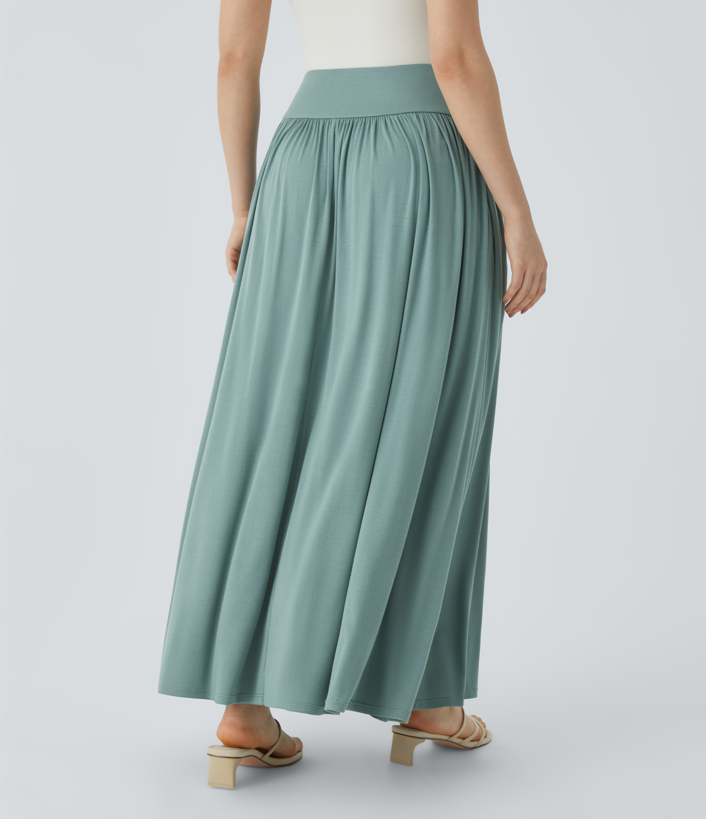 Halara Ribbed High Waisted Plicated Side Pocket Flare Flowy Maxi Casual Skirt  - Clear Green - XS(regular) 