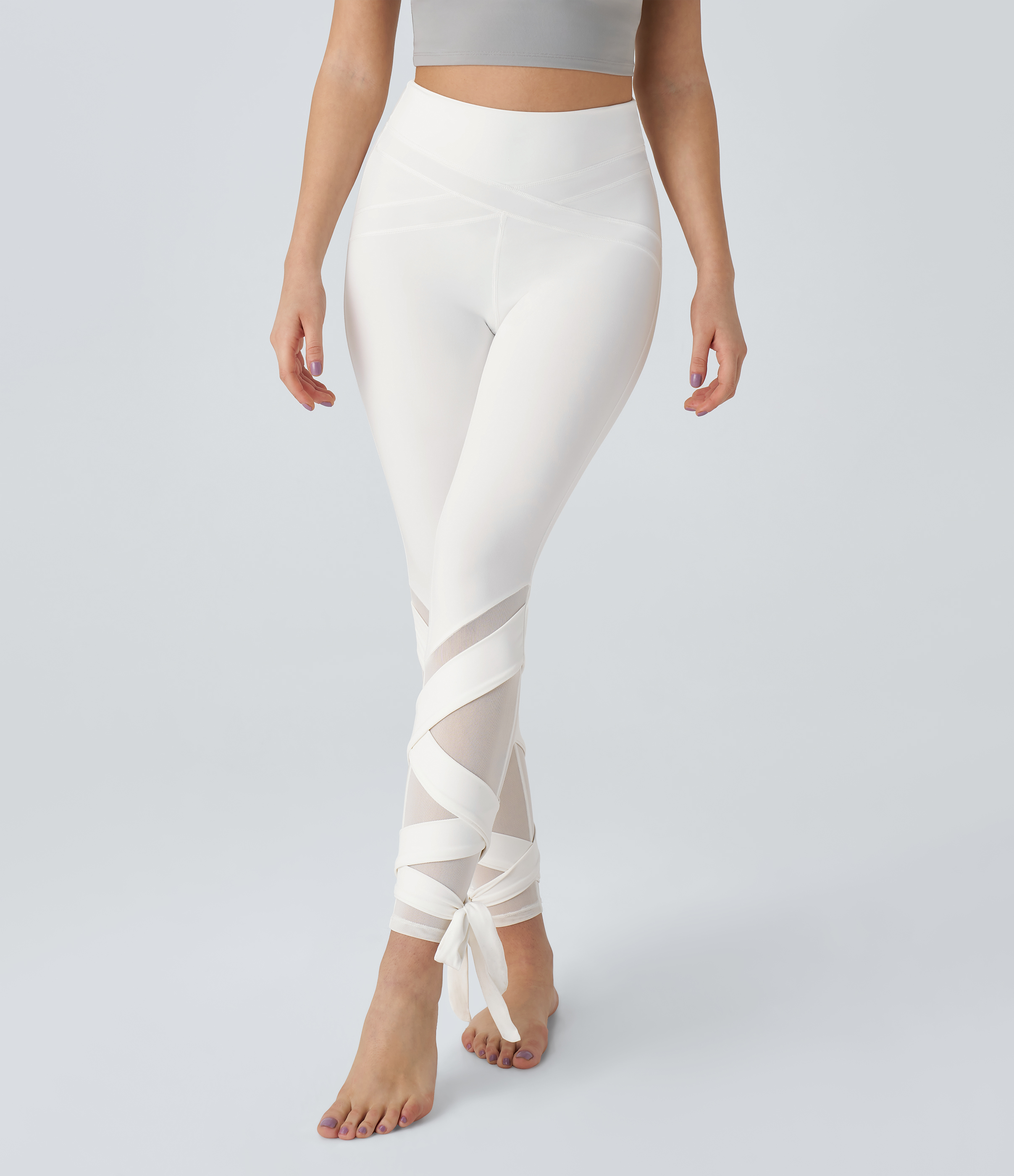 Halara Softlyzeroв„ў High Waisted Contrast Mesh Crisscross Lace Up Yoga 7/8 Leggings-UPF50+  - White - XS(7/8) gym leggings 