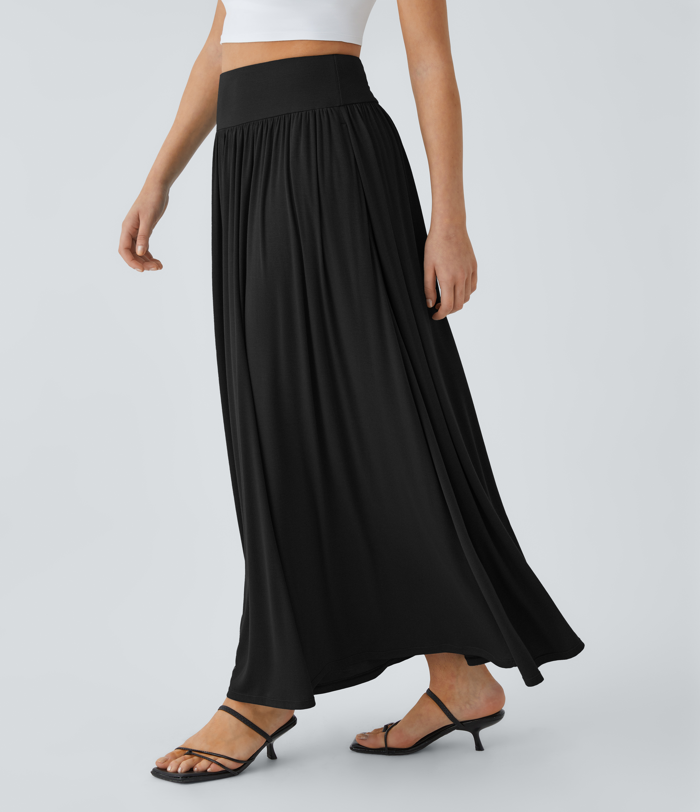 Halara Ribbed High Waisted Plicated Side Pocket Flare Flowy Maxi Casual Skirt  - Black - M(regular) 