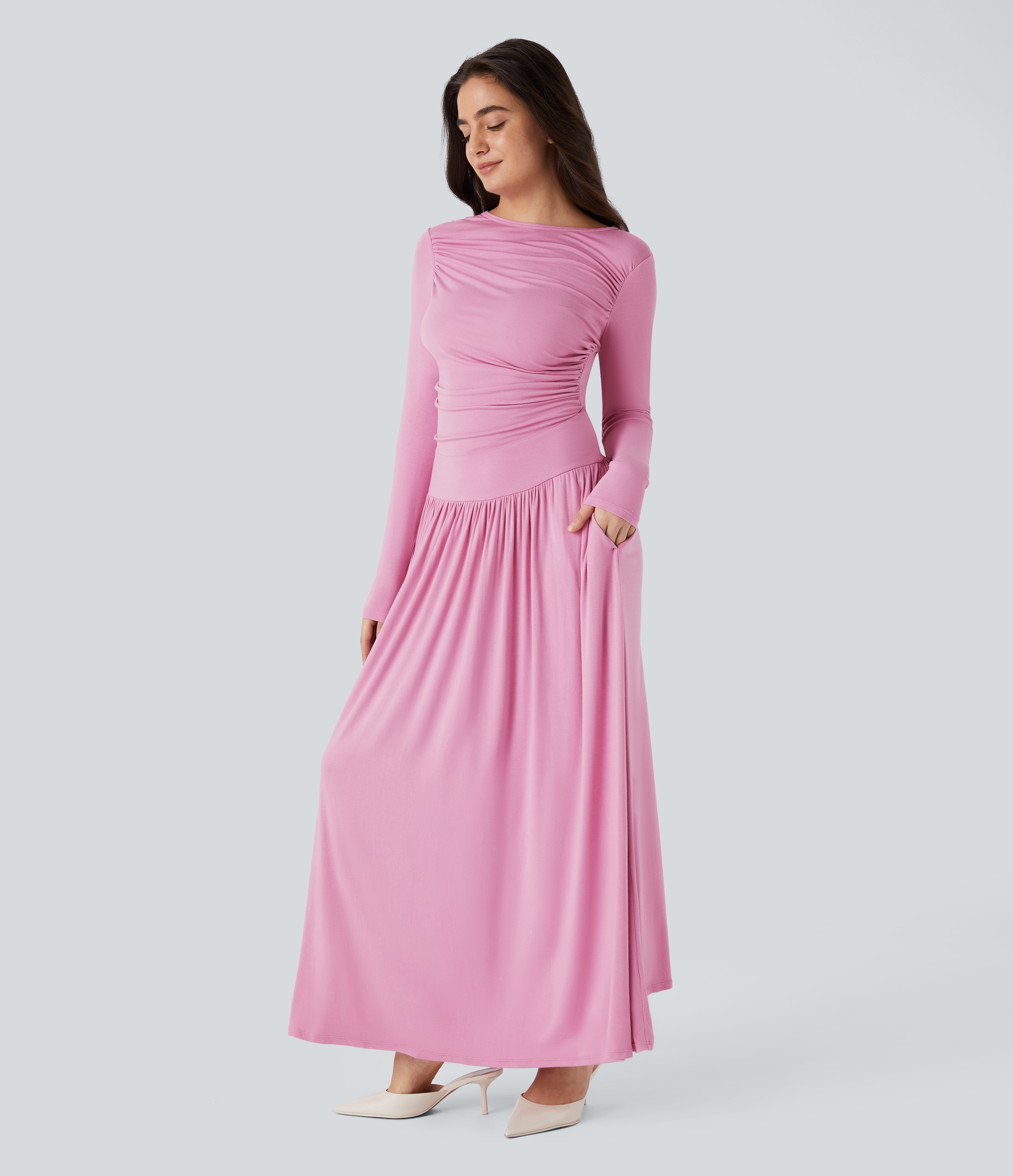 Halara Ribbed Boat Neck Ruched Side Pocket Flowy Maxi Casual Dress Casual Dress - Sweet Lilac - XL slip dress beach dress ruched dress 