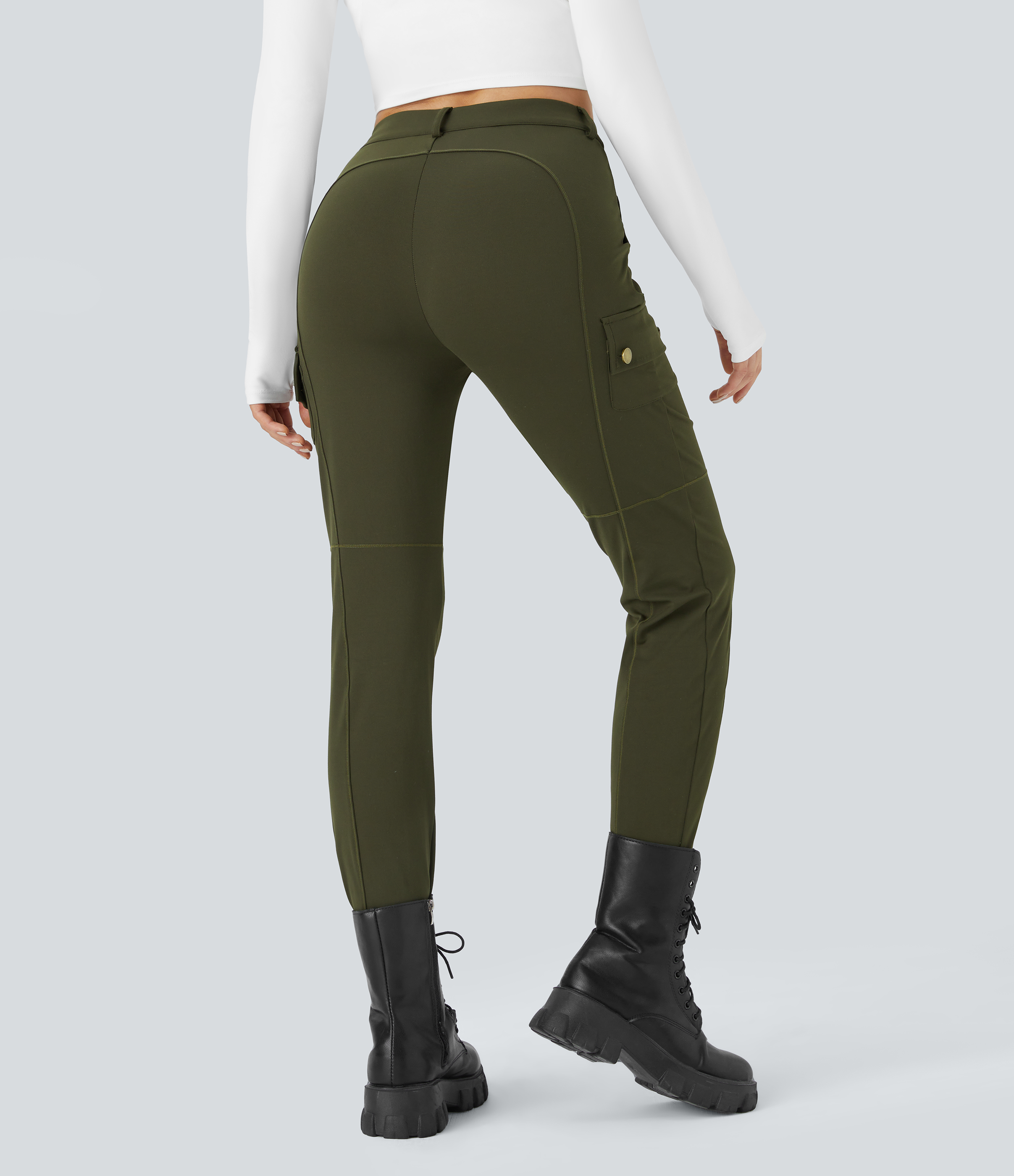 Halara High Waisted Button Zipper Multiple Pockets Solid Skinny Cargo Pants  - Forest Night - XL(petite) 