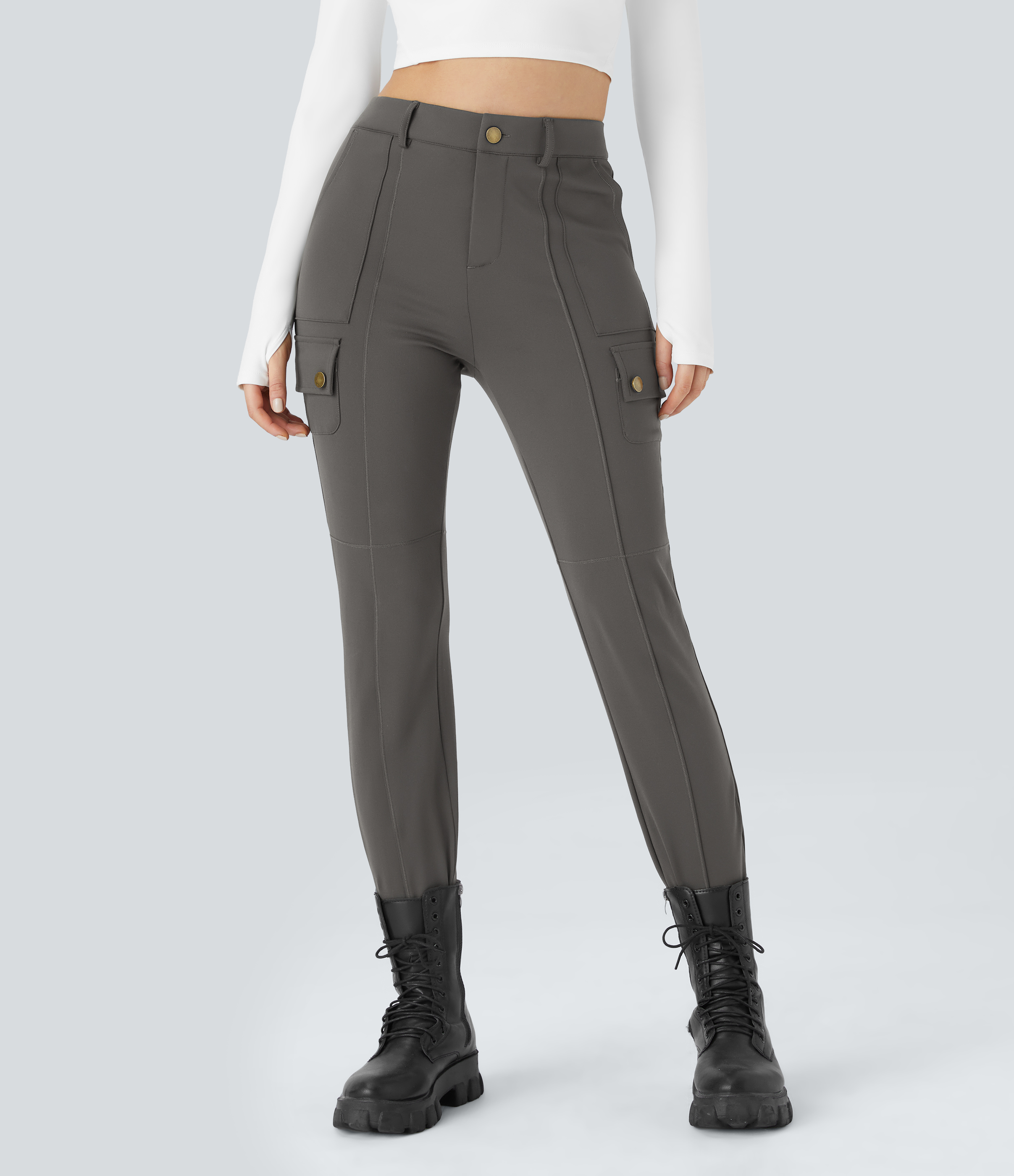 Halara High Waisted Button Zipper Multiple Pockets Solid Skinny Cargo Pants  - Deep Red Grey - XS(petite) 