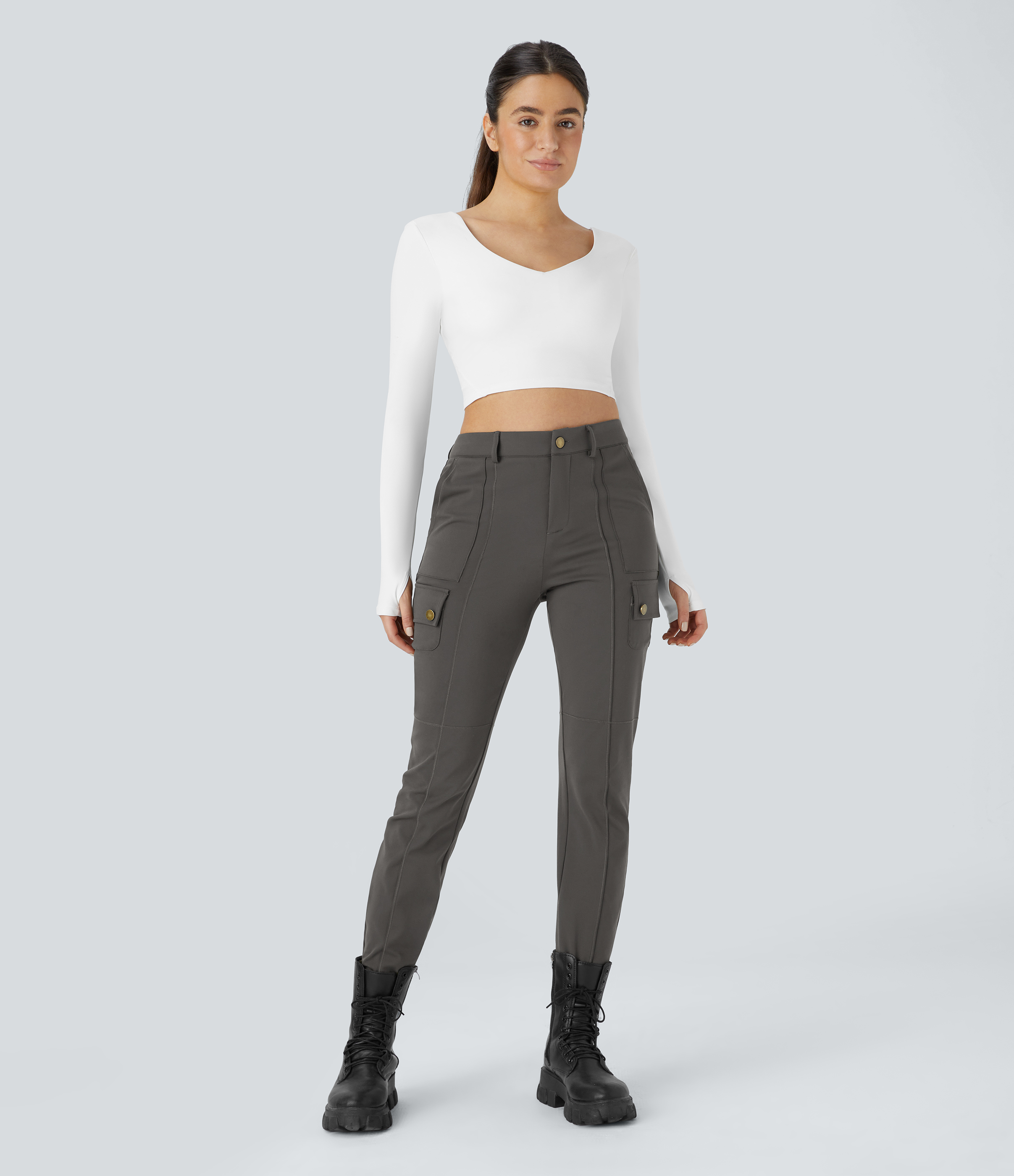 Halara High Waisted Button Zipper Multiple Pockets Solid Skinny Cargo Pants  - Deep Red Grey - XS(petite) 