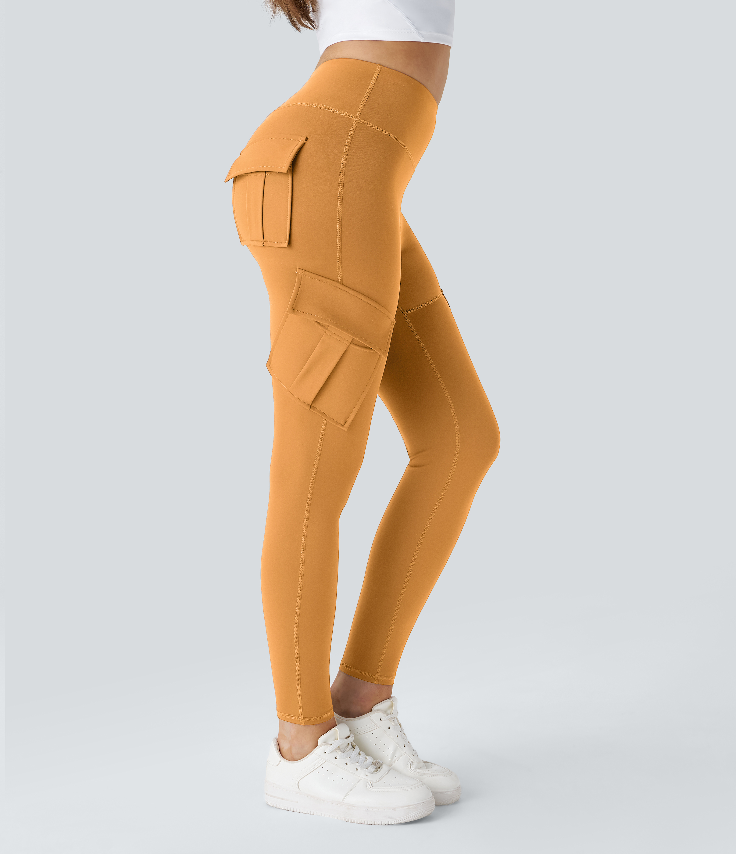 Halara High Waisted Cargo Pocket Skinny Yoga Leggings  - Buckskin - XS(7/8) gym leggings leggings with pockets leggings with butt lift 