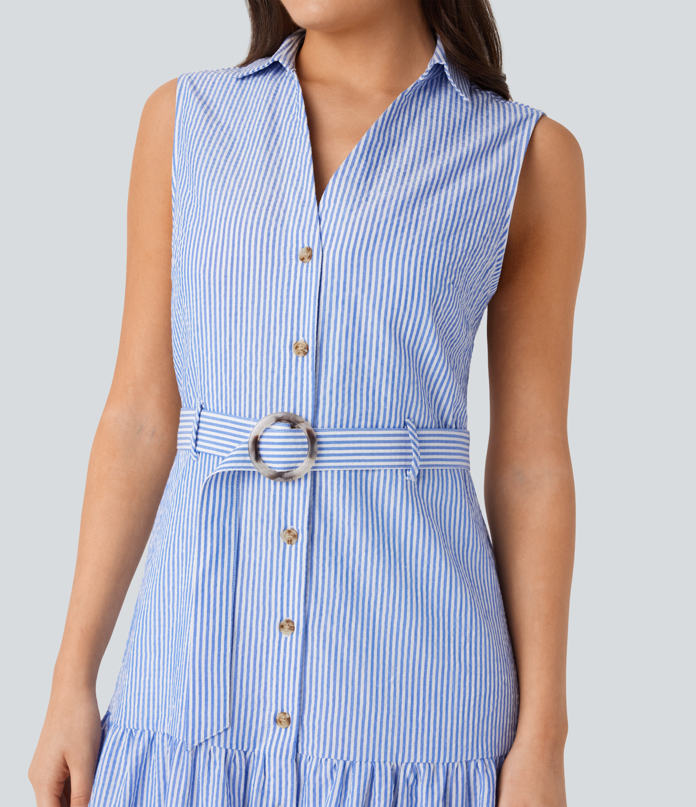 Halara Collared V Neck Sleeveless Button Belted Stripe Midi Work Dress Casual Dress - Seven Seas - Nautical Blue & White Stripes - XL 