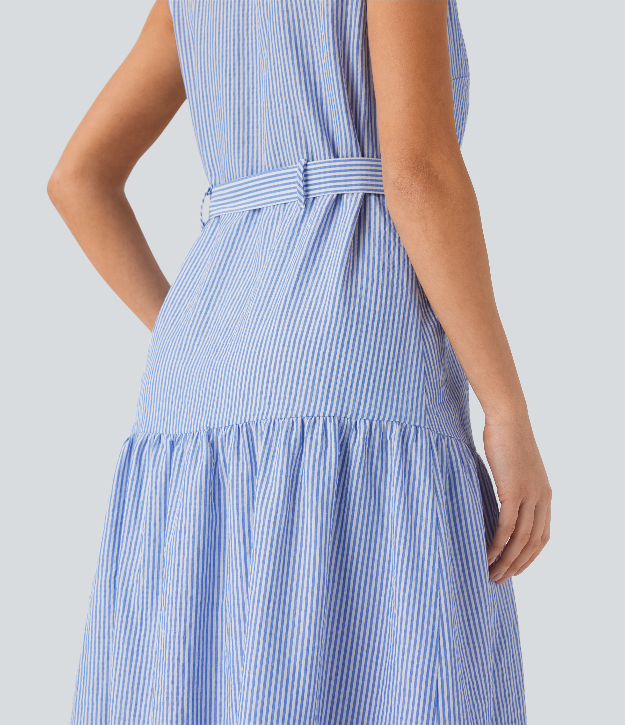 Halara Collared V Neck Sleeveless Button Belted Stripe Midi Work Dress Casual Dress - Seven Seas - Nautical Blue & White Stripes - XL 