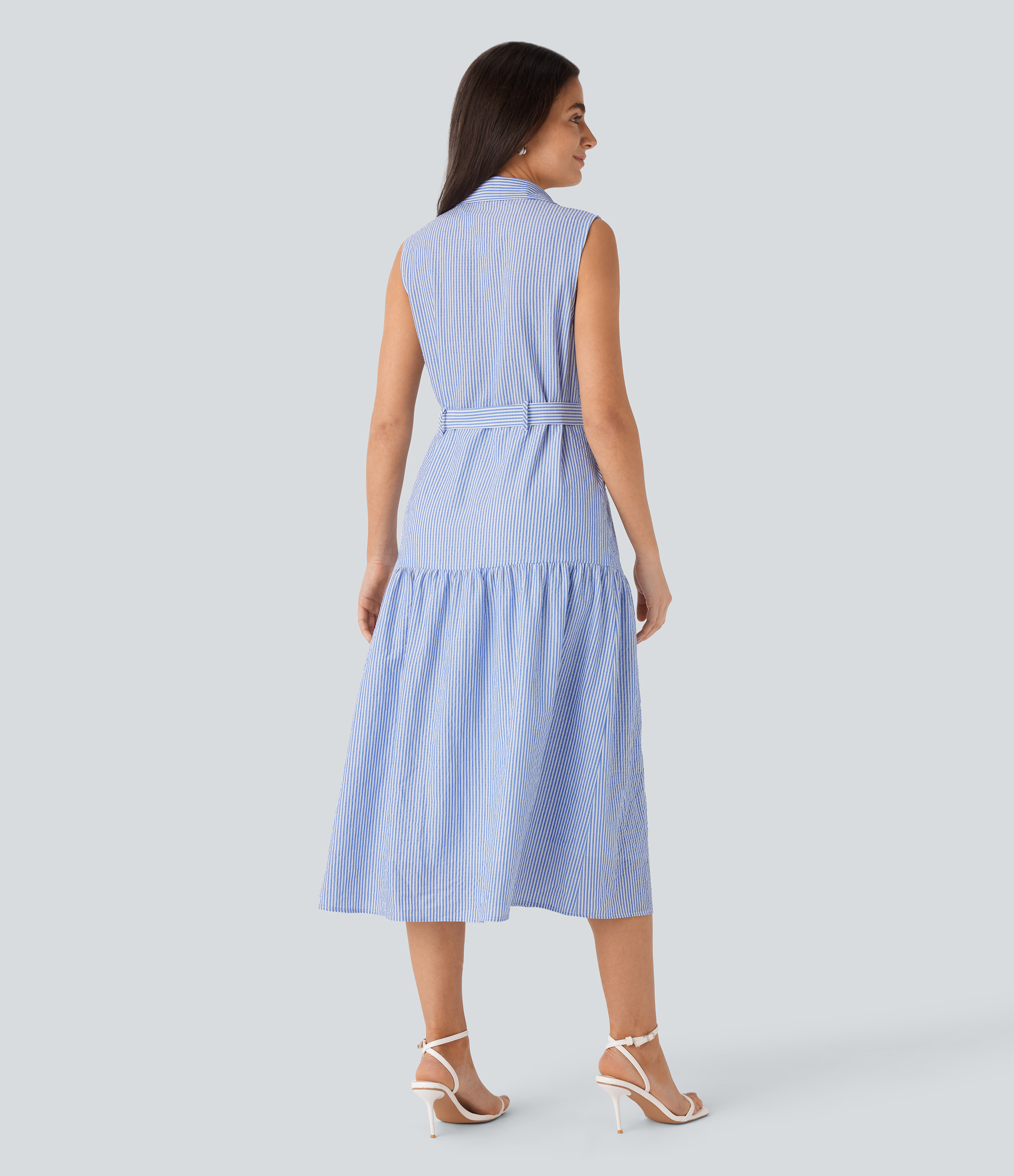 Halara Collared V Neck Sleeveless Button Belted Stripe Midi Work Dress Casual Dress - Seven Seas - Nautical Blue & White Stripes - XL 