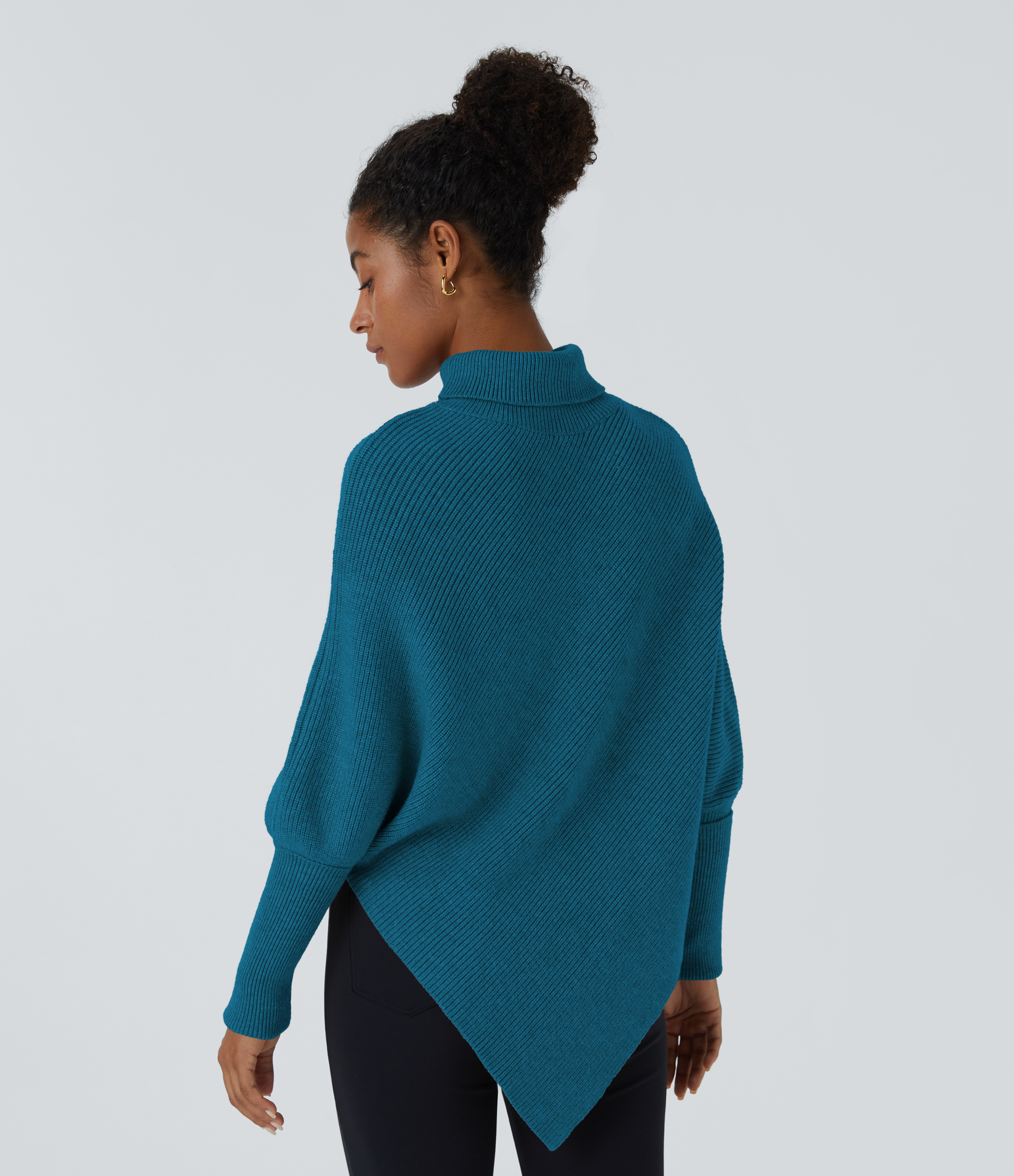 Halara High Neck Long Sleeve Asymmetric Hem Work Sweater  - Deep Lagoon - L 