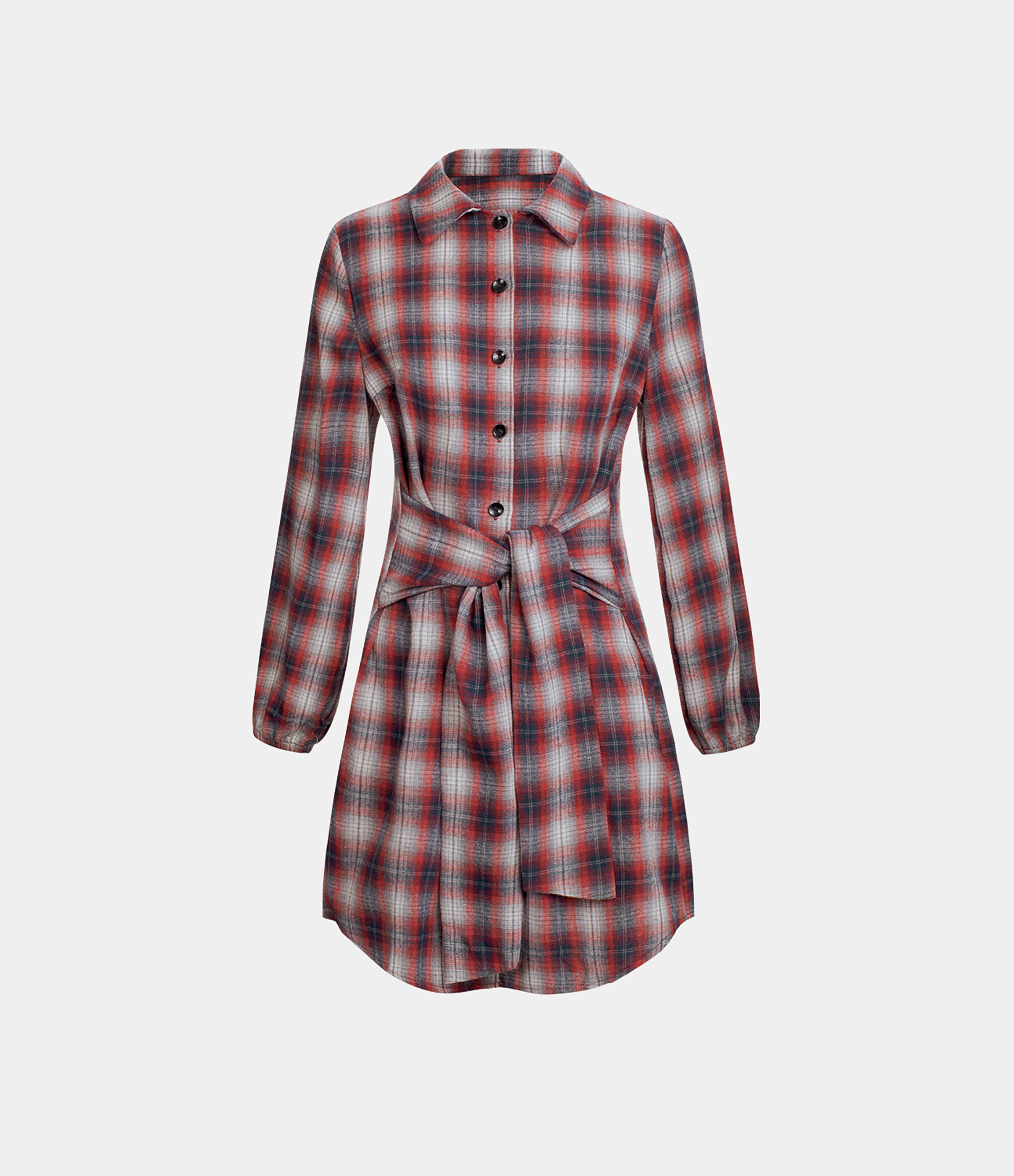 Red Plaid Bindbar forside lang ærmet ternet uformel mini kjole / 2