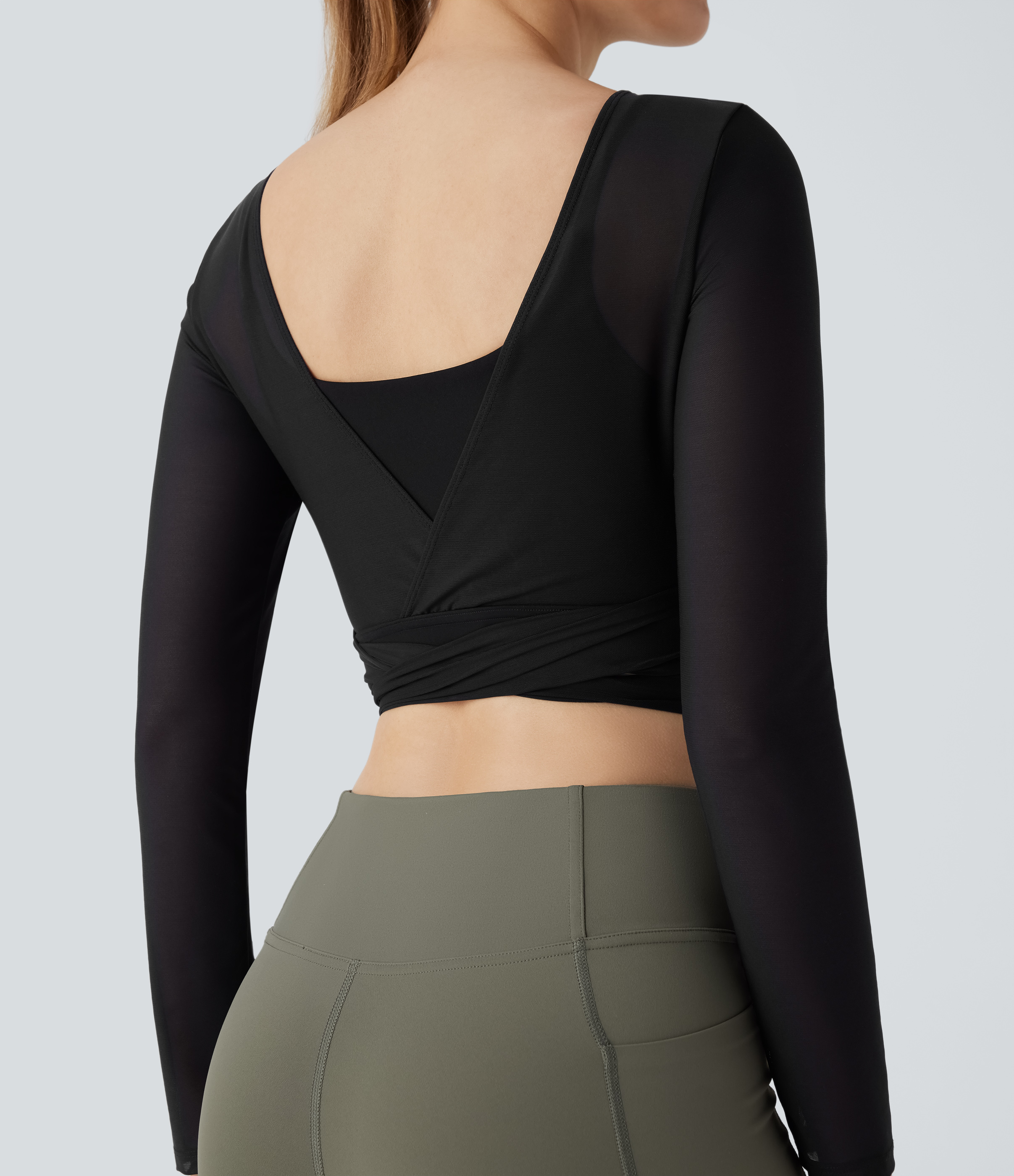 Halara Softlyzeroв„ў Airy Backless Tie Side Contrast Mesh Cropped Cool Touch Yoga Sports Top  - Black - S 