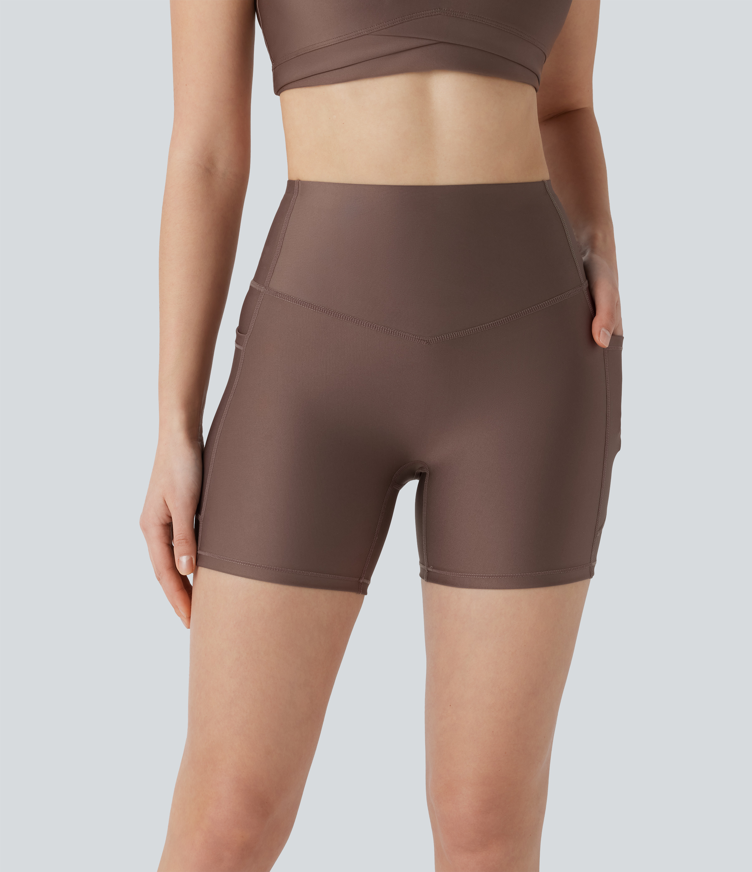 Halara SoCinched High Waisted Tummy Control Side Pocket Sheen Running Biker Shorts 5``  - Hay Brown - XS biker shorts women 