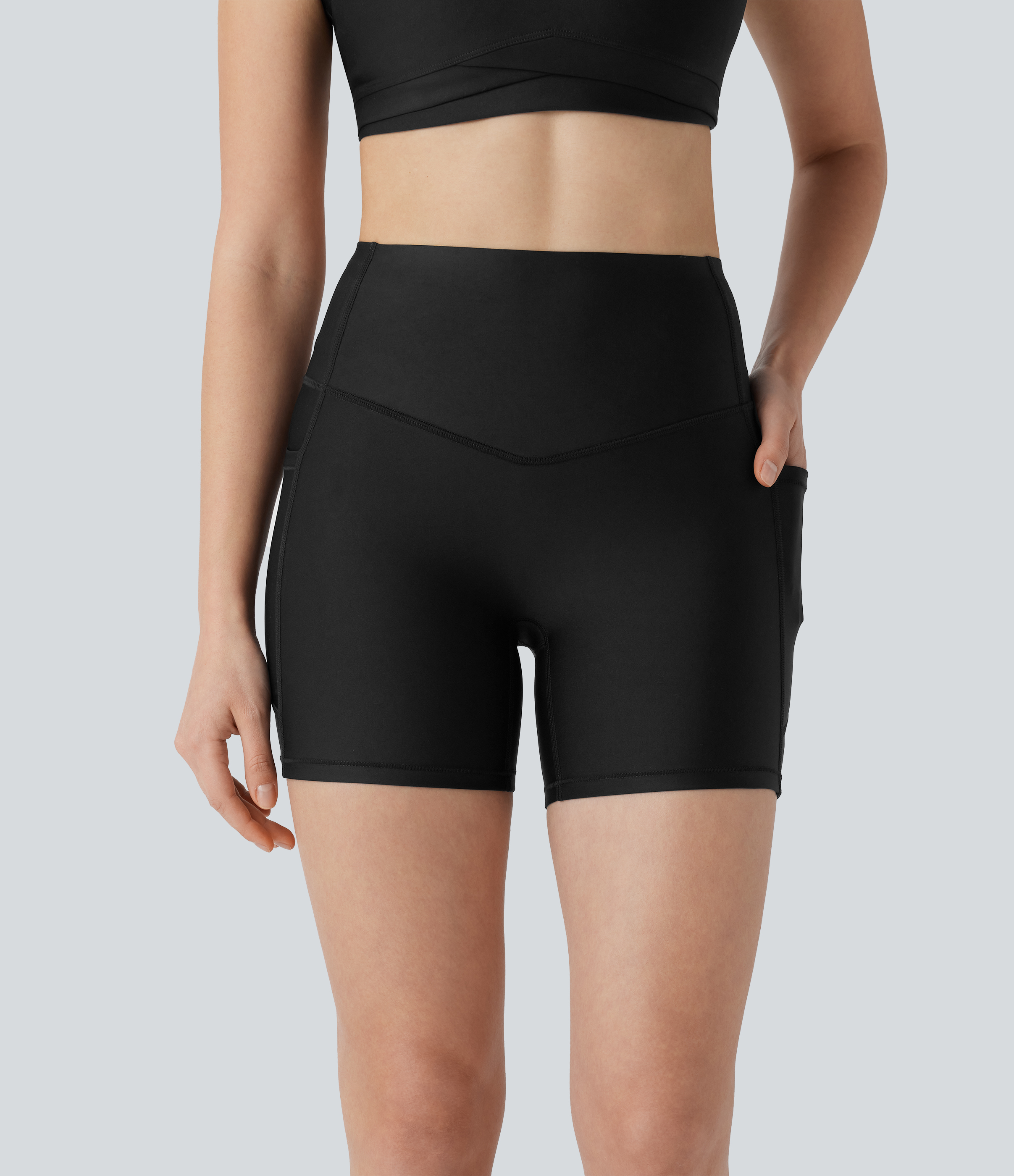 Halara SoCinched High Waisted Tummy Control Side Pocket Sheen Running Biker Shorts 5``  - Black - XS biker shorts women black biker shorts 