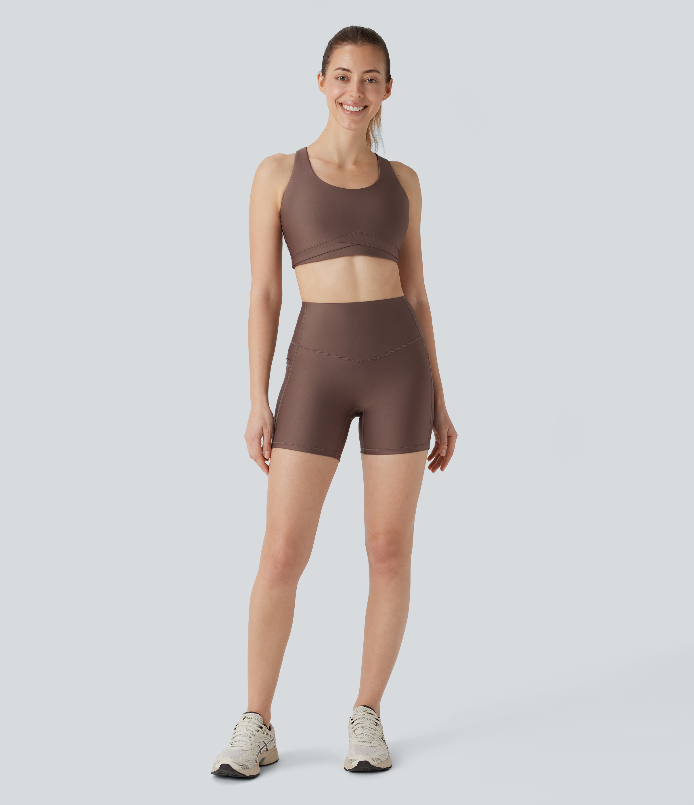 Halara SoCinched High Waisted Tummy Control Side Pocket Sheen Running Biker Shorts 5``  - Hay Brown - XS biker shorts women 