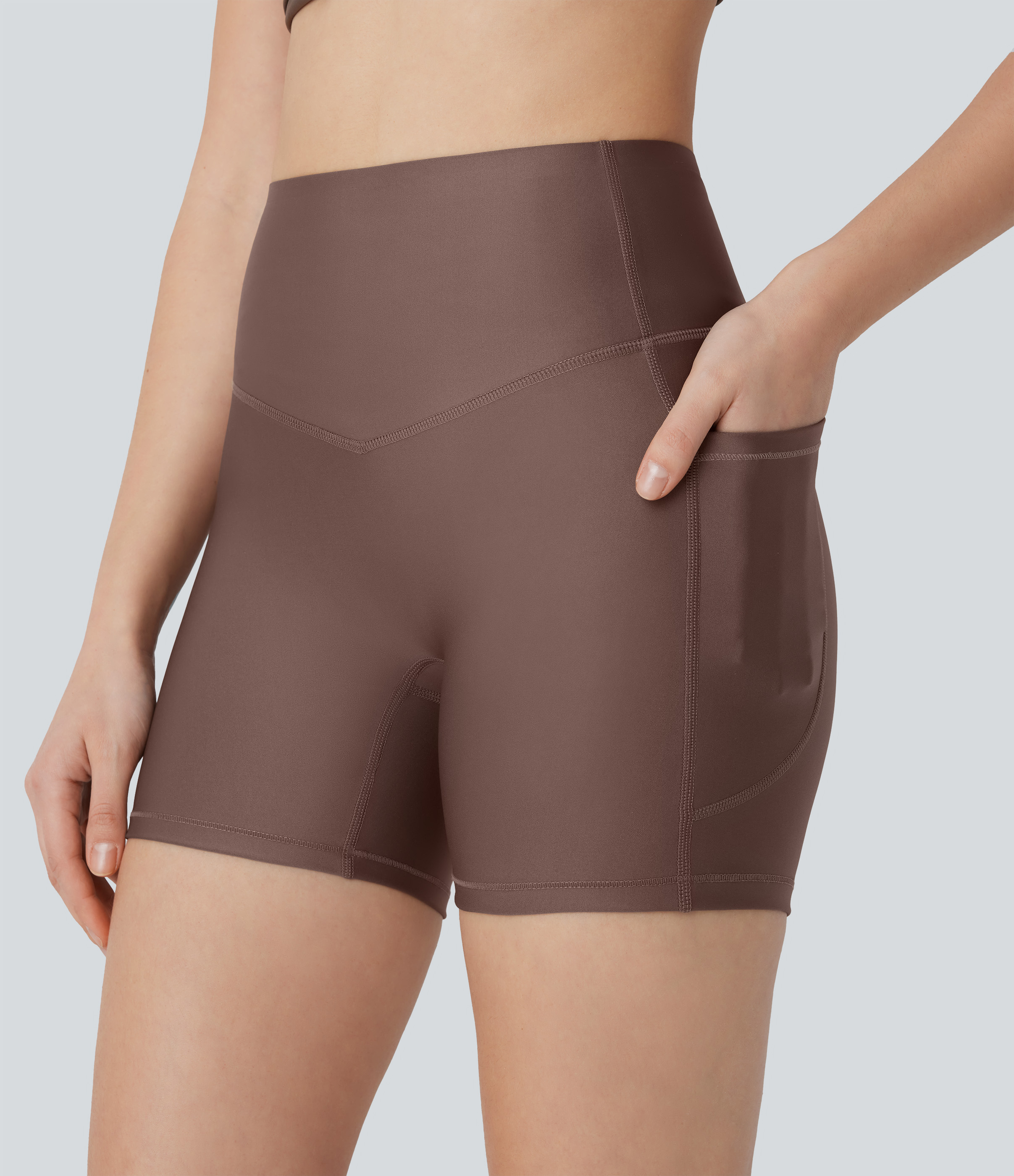 Halara SoCinched High Waisted Tummy Control Side Pocket Sheen Running Biker Shorts 5``  - Hay Brown - XS biker shorts women 