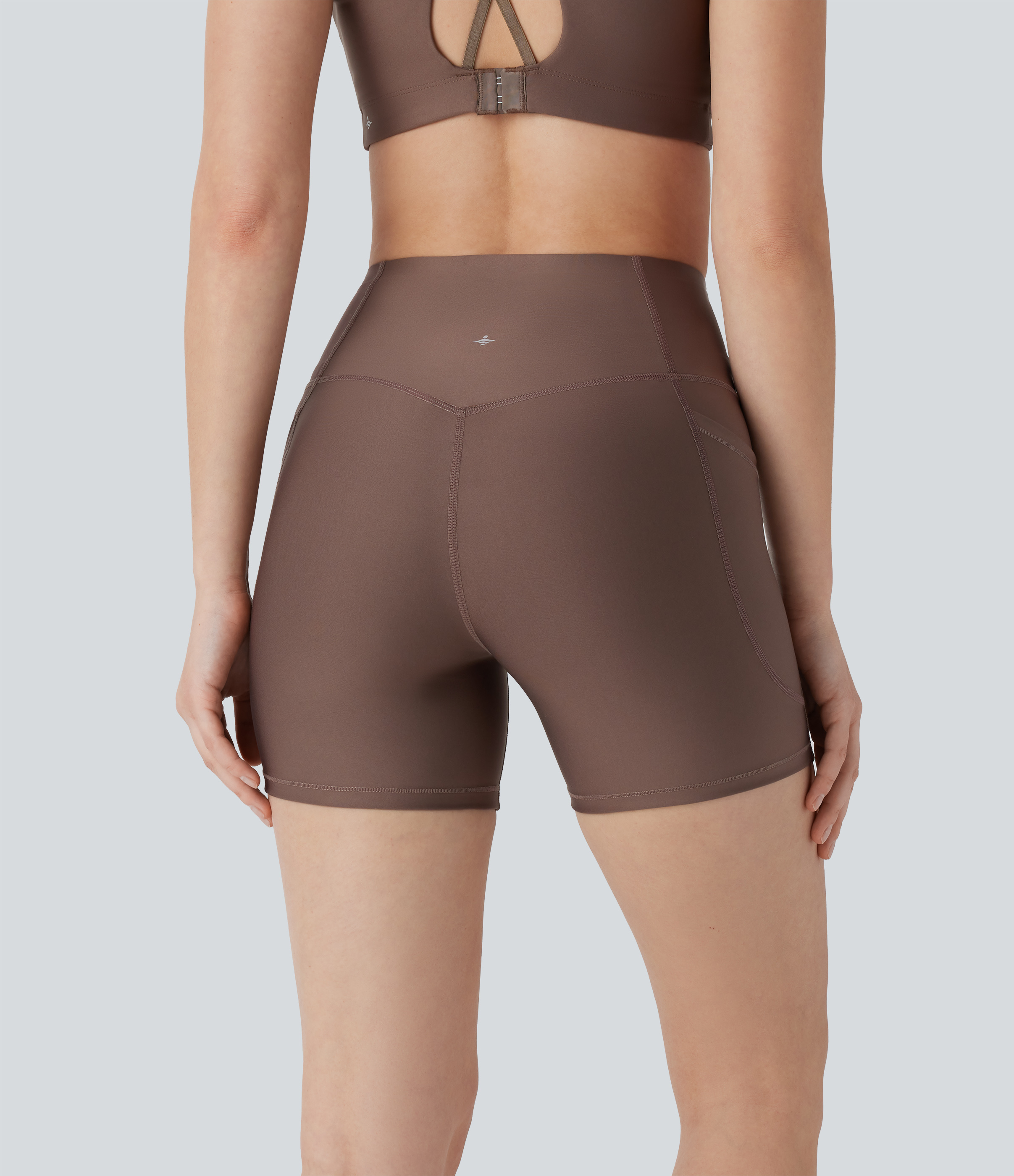 Halara SoCinched High Waisted Tummy Control Side Pocket Sheen Running Biker Shorts 5``  - Hay Brown - XS biker shorts women 