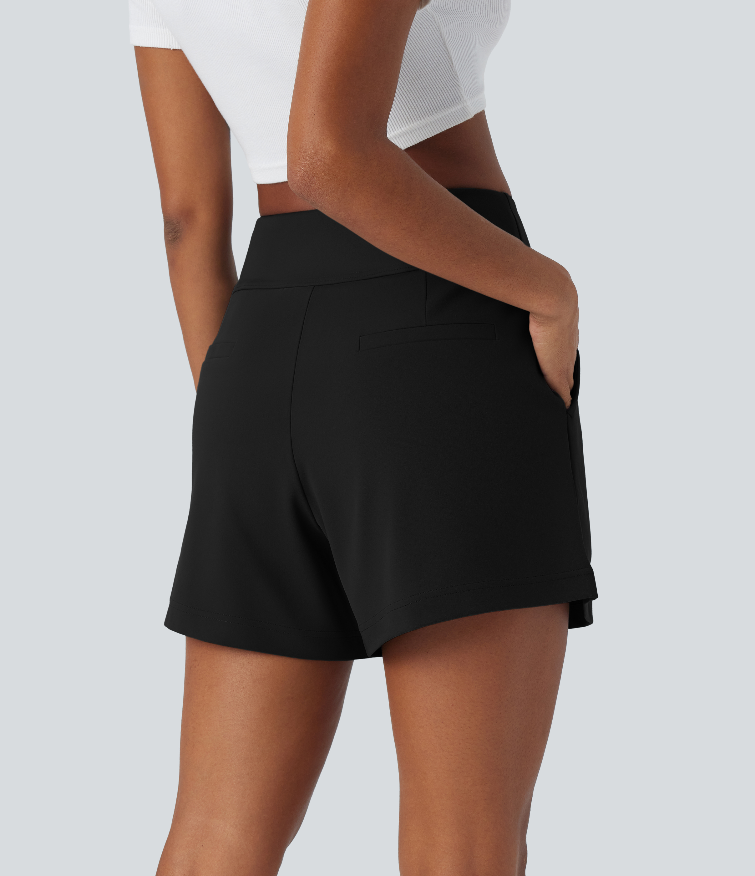 Halara High Waisted Plicated Side Pocket Wide Leg Work Shorts  - Black - L 