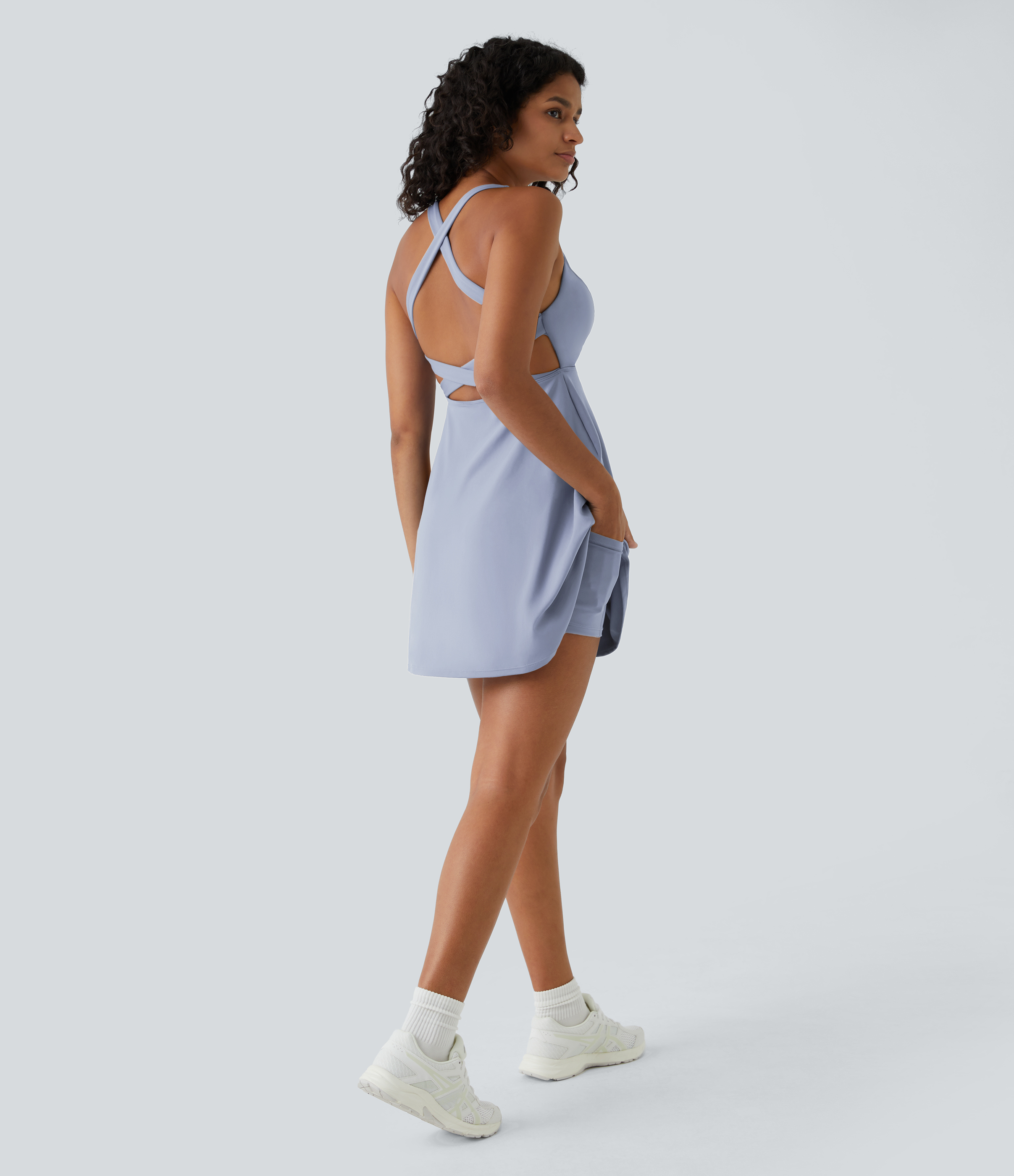 Halara Crisscross Backless Flare 2-Piece Pocket Dance Active Dress Workout Dress - Camon blue - XS 