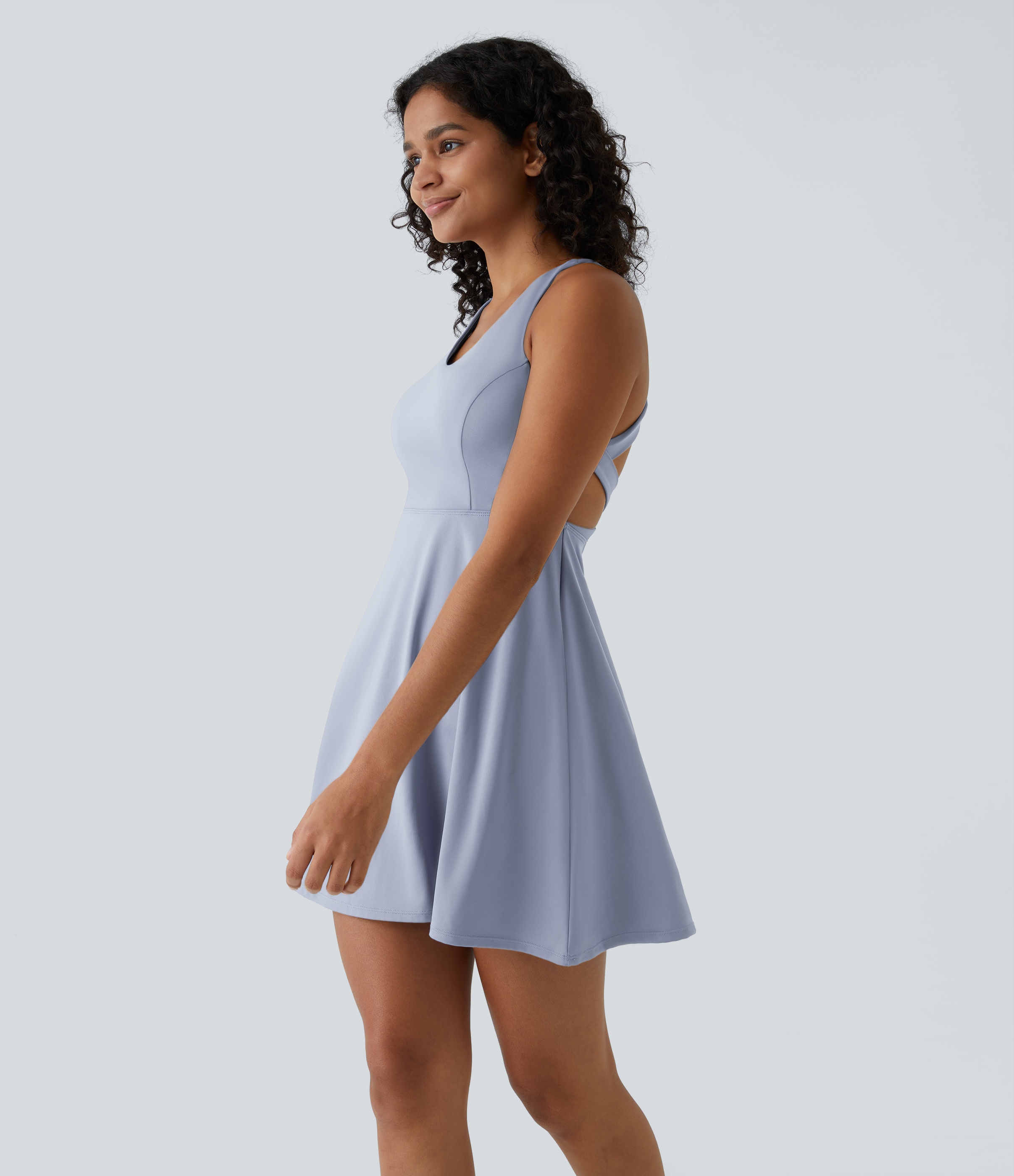 Halara Crisscross Backless Flare 2-Piece Pocket Dance Active Dress Workout Dress - Camon blue - XS 