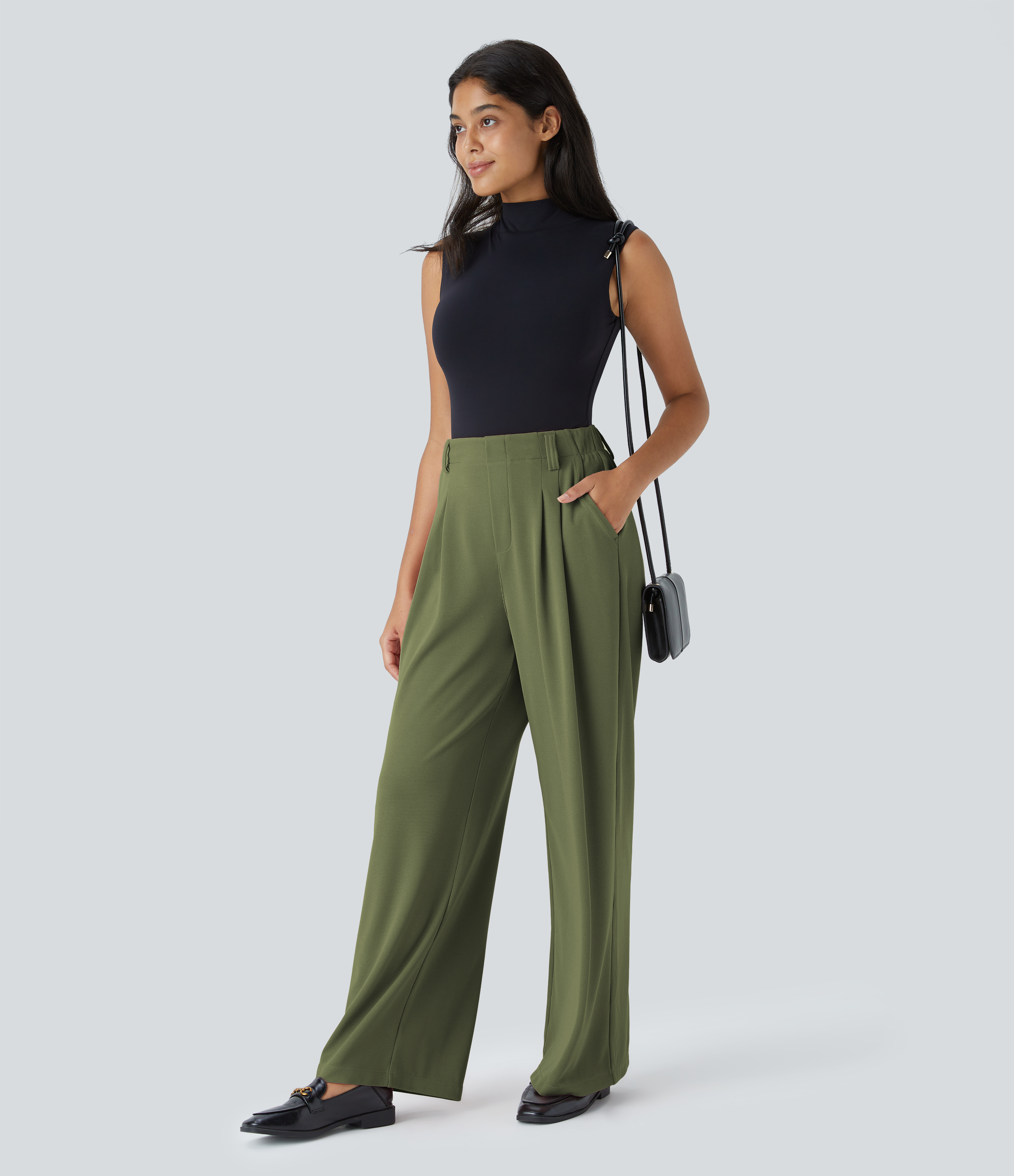 Halara HalaraFlexв„ў High Waisted Plicated Side Pocket Wide Leg Waffle Work Pants  - Calliste Green - M(regular) sweatpants jogger pants 