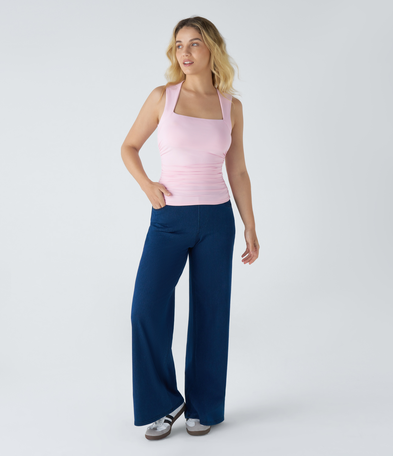 Halara Square Neck Sleeveless Ruched Skinny Casual Top Tank Top - Cradle Pink - L golf tops halter top tunic tops sleeveless tops 