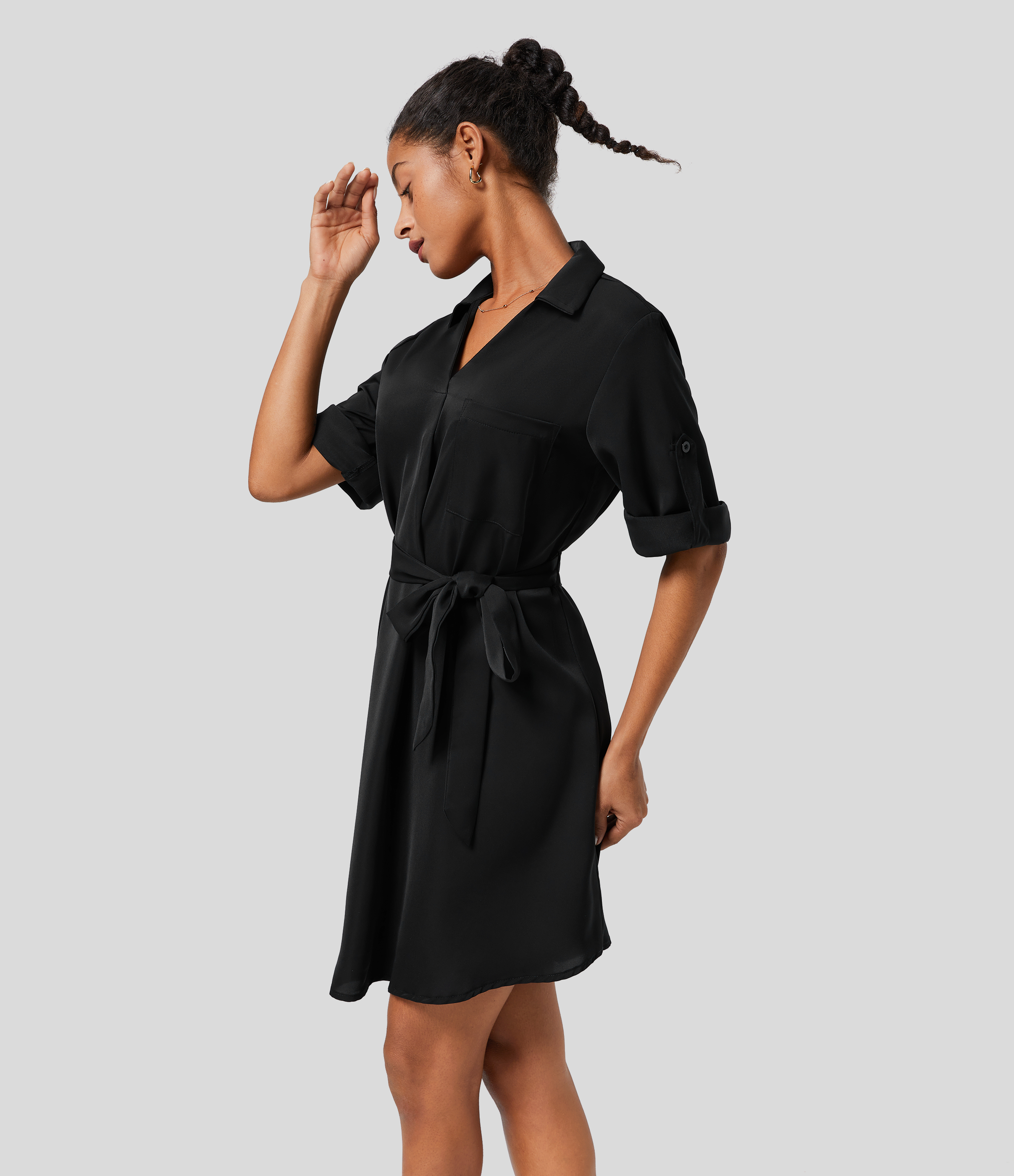 Halara Collared Roll Up Sleeve Belted Midi Work Shirt Dress Casual Dress - Black - M slip dress beach dress ruched dress halter dress 