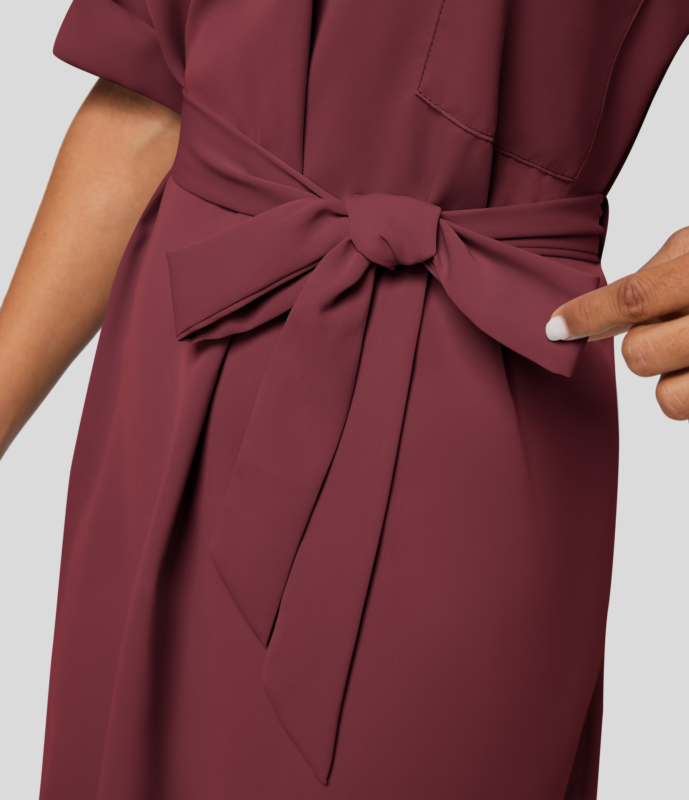 Halara Collared Roll Up Sleeve Belted Midi Work Shirt Dress Casual Dress - Burgundy - L slip dress beach dress ruched dress halter dress 