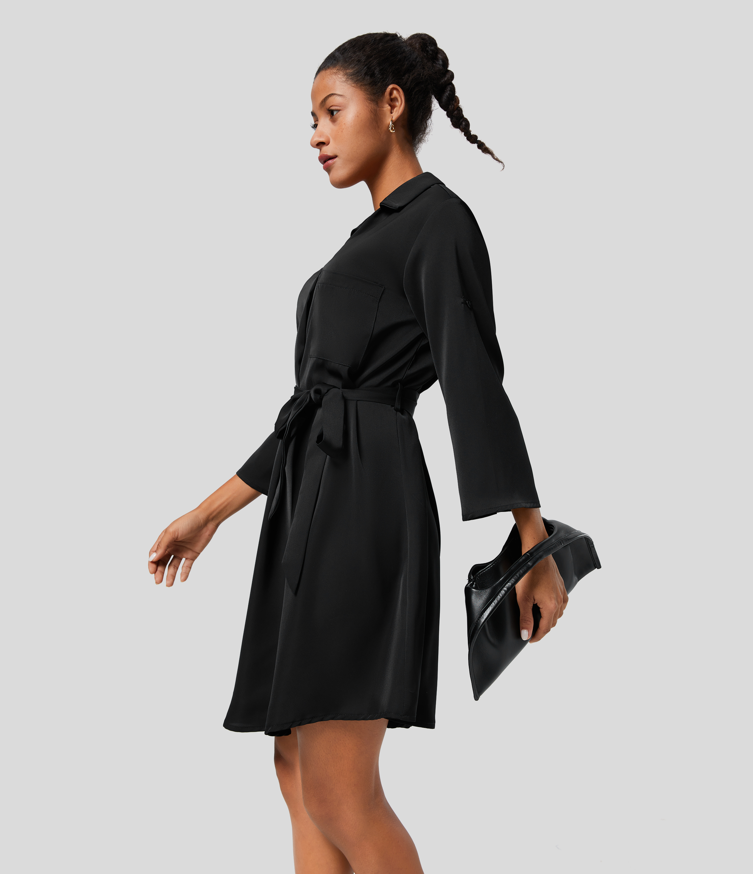 Halara Collared Roll Up Sleeve Belted Midi Work Shirt Dress Casual Dress - Black - M slip dress beach dress ruched dress halter dress 