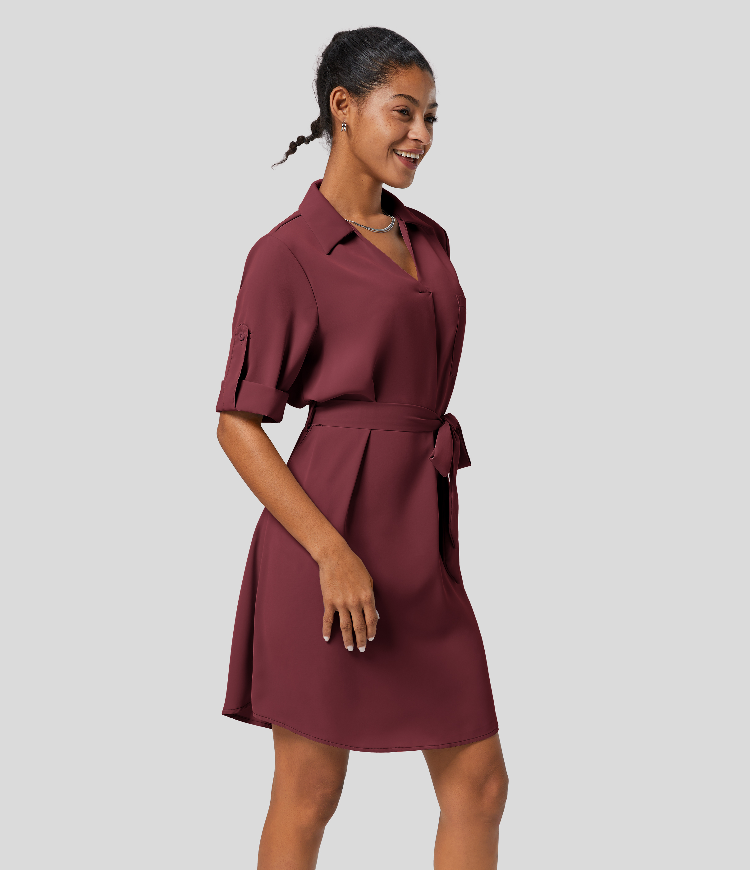 Halara Collared Roll Up Sleeve Belted Midi Work Shirt Dress Casual Dress - Burgundy - L slip dress beach dress ruched dress halter dress 