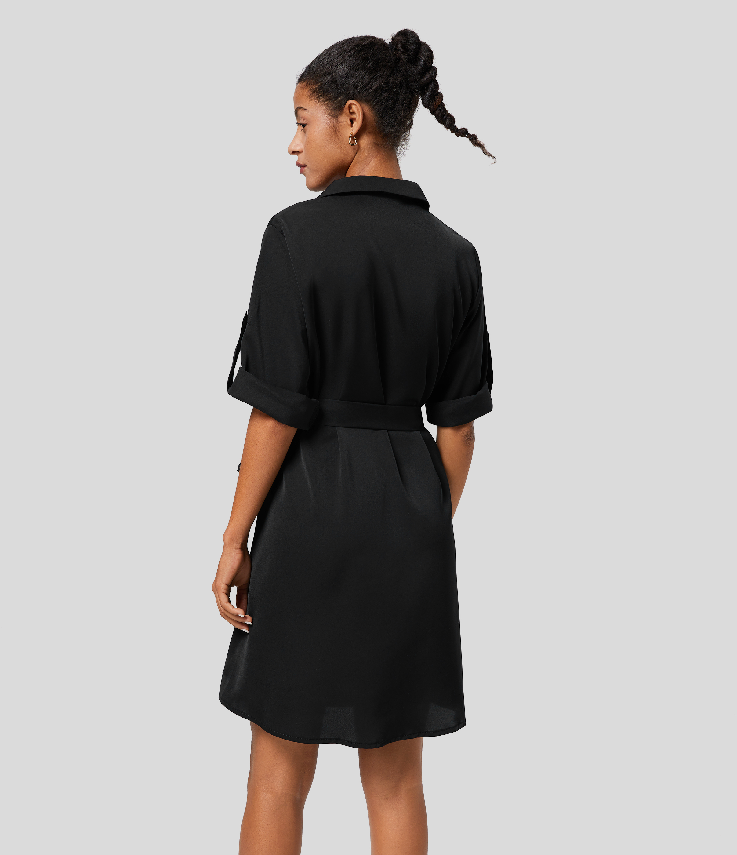 Halara Collared Roll Up Sleeve Belted Midi Work Shirt Dress Casual Dress - Black - M slip dress beach dress ruched dress halter dress 