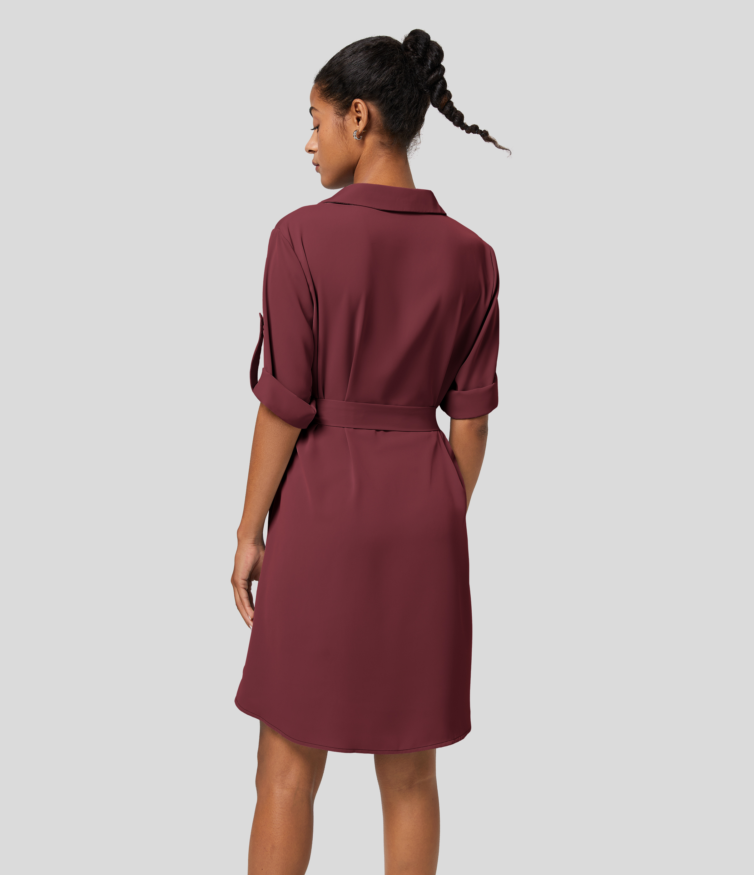 Halara Collared Roll Up Sleeve Belted Midi Work Shirt Dress Casual Dress - Burgundy - L slip dress beach dress ruched dress halter dress 