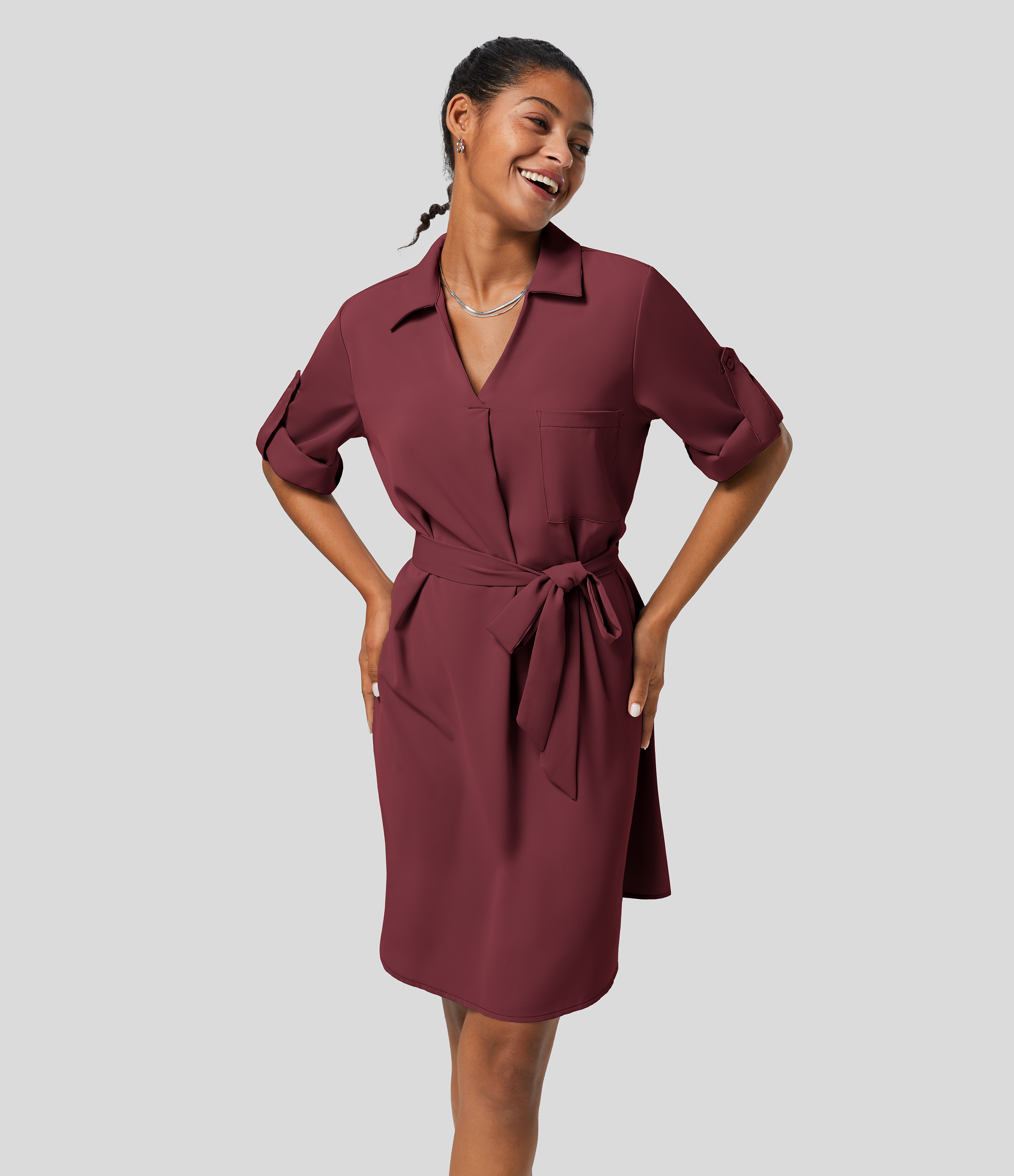 Halara Collared Roll Up Sleeve Belted Midi Work Shirt Dress Casual Dress - Burgundy - L slip dress beach dress ruched dress halter dress 