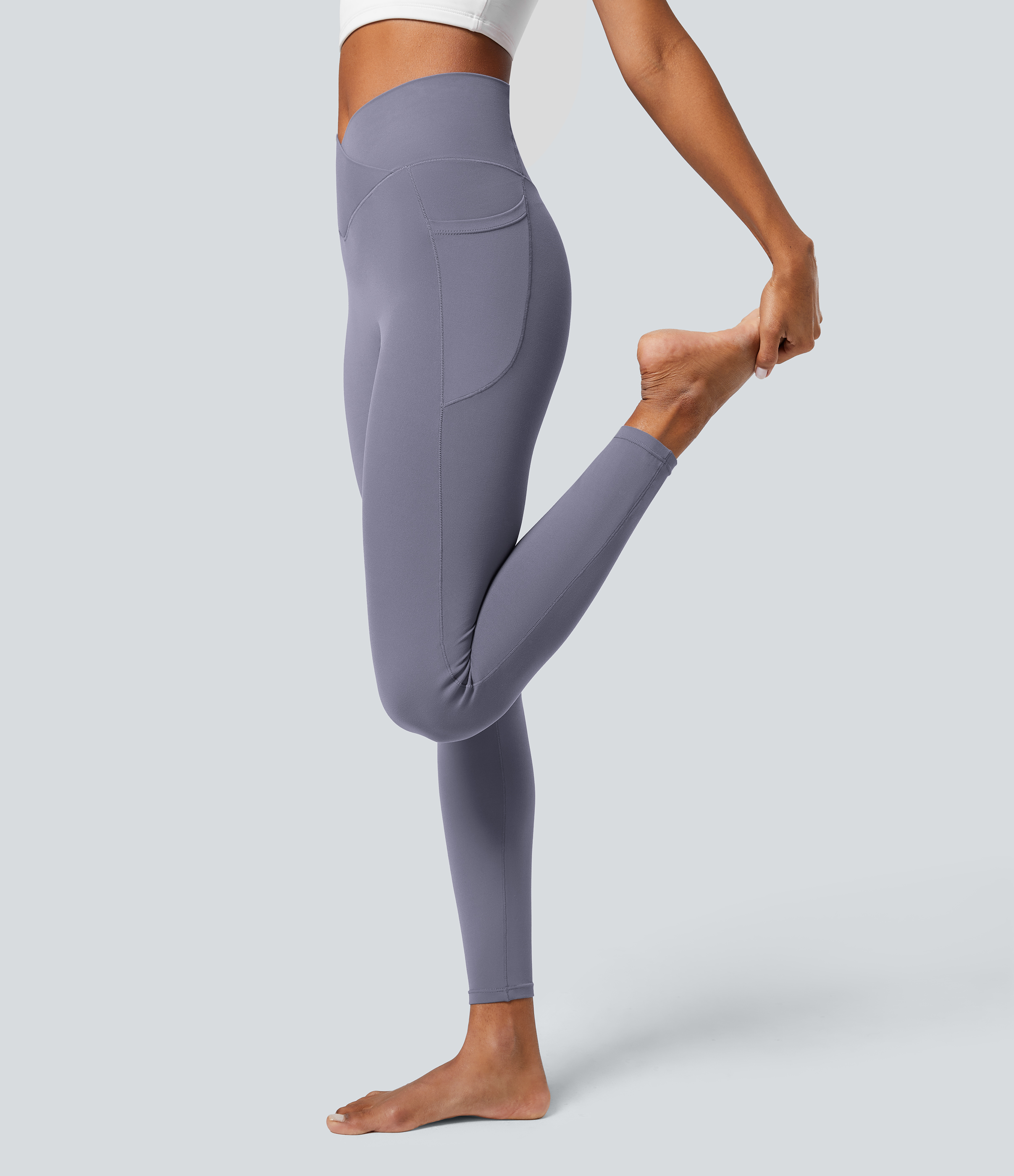 Halara Softlyzeroв„ў Crossover Pocket Plain Leggings-UPF50+  - Light Gray Violet - XS(7/8) gym leggings leggings with pockets 