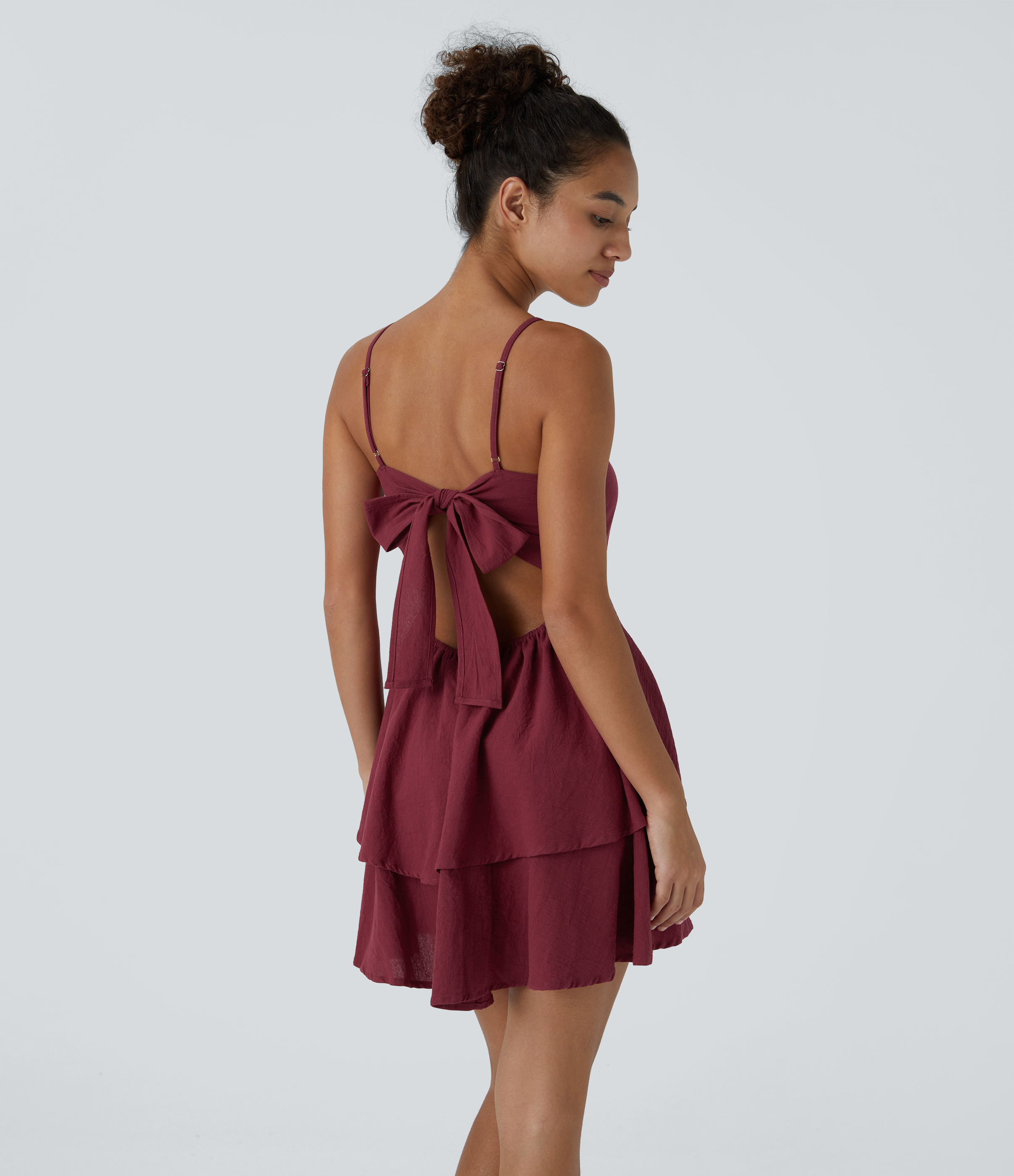 Backless Adjustable Strap Tie-Back Teps Mini Casual Linen-Like Dress