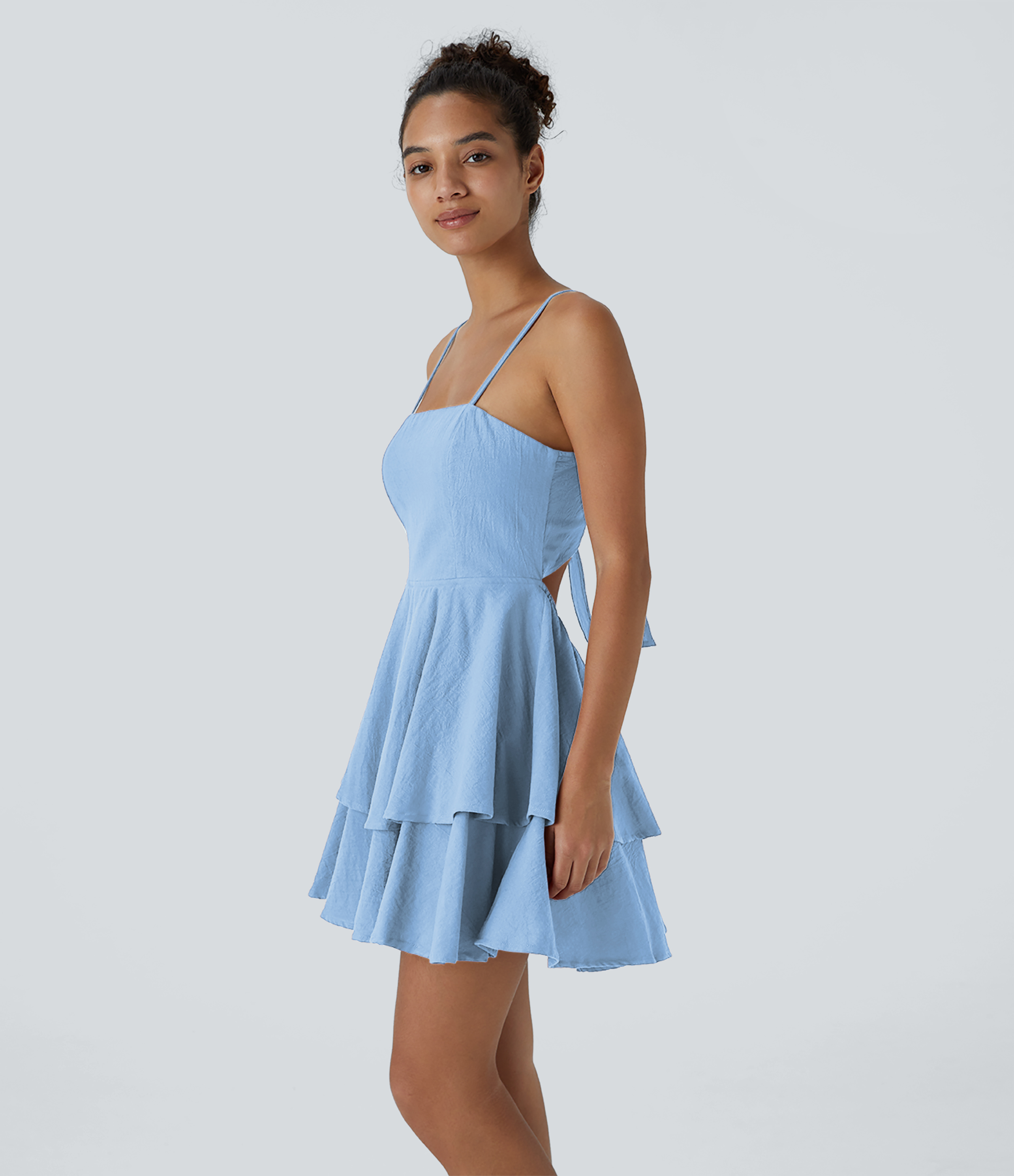 Halara Backless Adjustable Strap Tie Back Tiered Ruffle Flowy Slip Mini Casual Cotton Dress Casual Dress - Ice Water - XL slip dress 