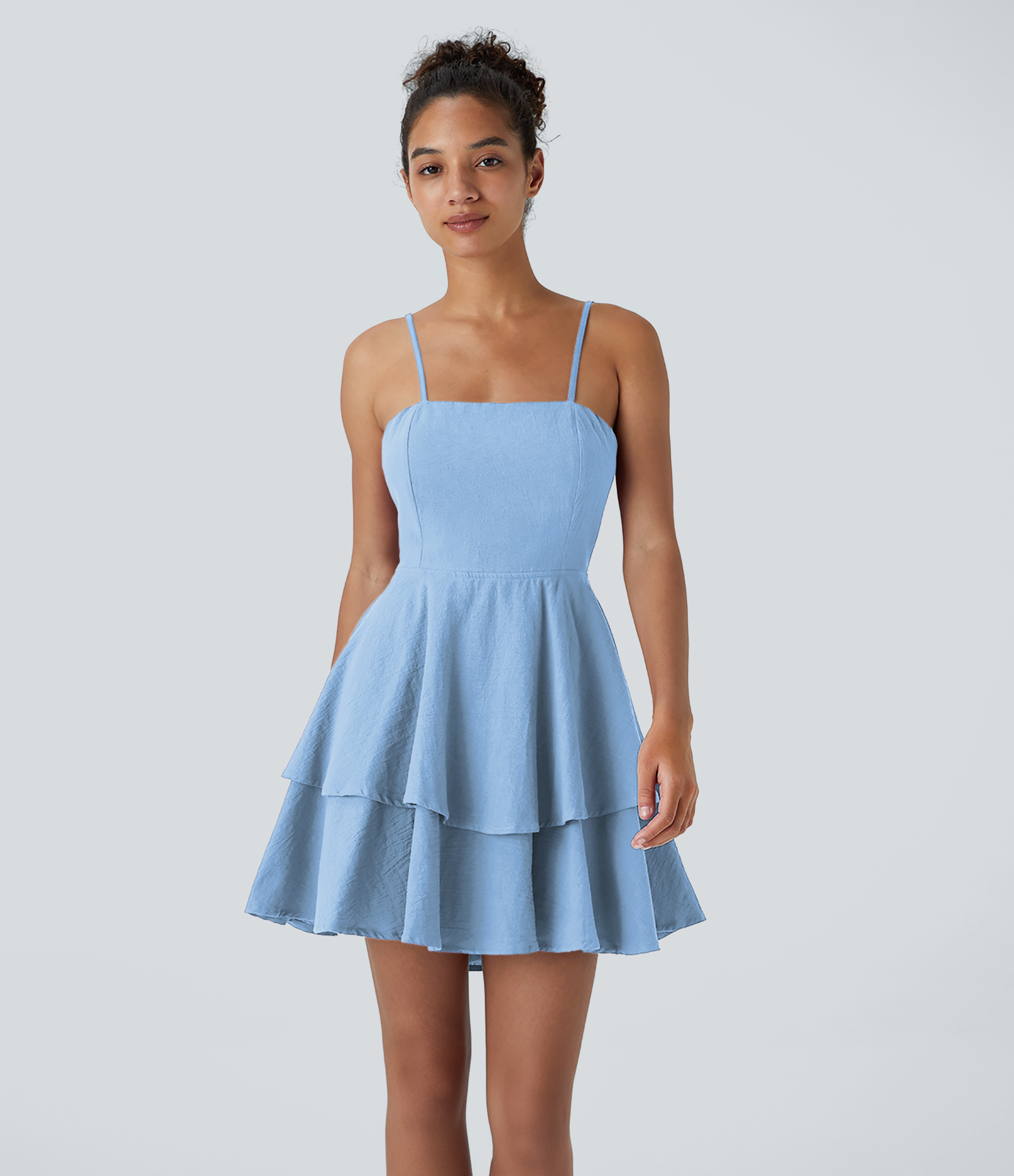 Halara Backless Adjustable Strap Tie Back Tiered Ruffle Flowy Slip Mini Casual Cotton Dress Casual Dress - Ice Water - XL slip dress 