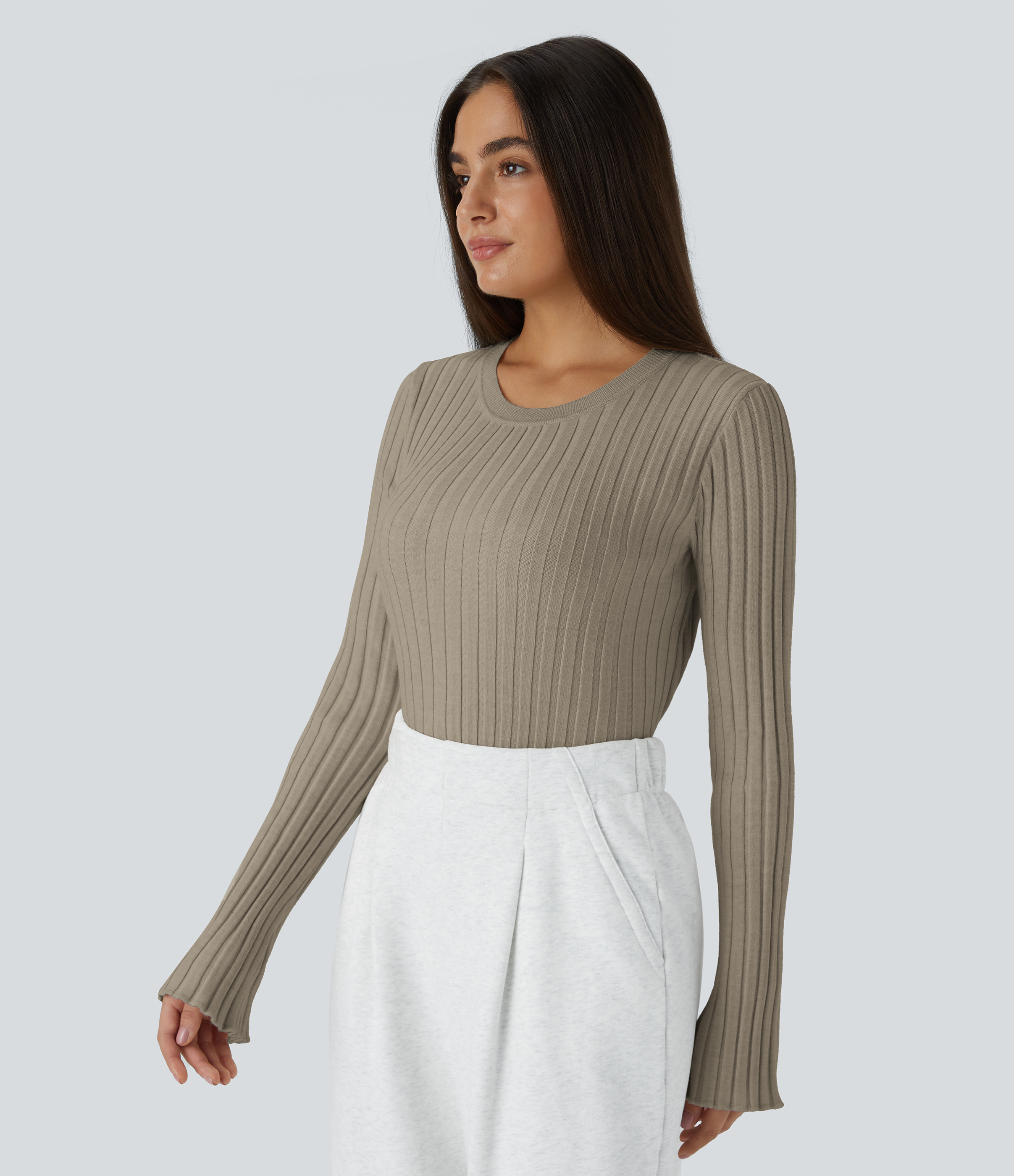 Halara Round Neck Long Sleeve Frill Casual Sweater  - Winter Twig - XS 