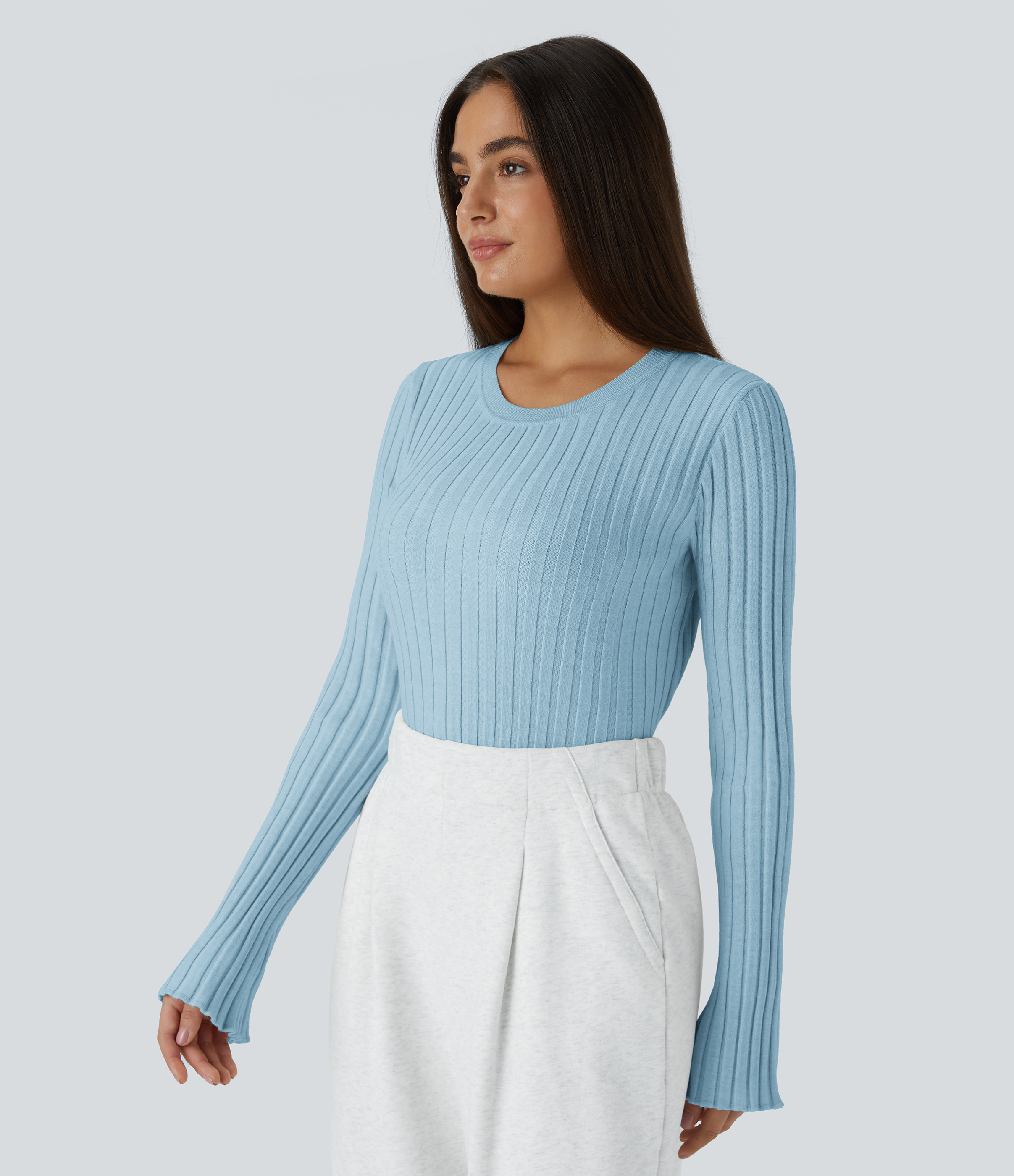 Halara Round Neck Long Sleeve Frill Casual Sweater  - Corydalis Blue - XL 