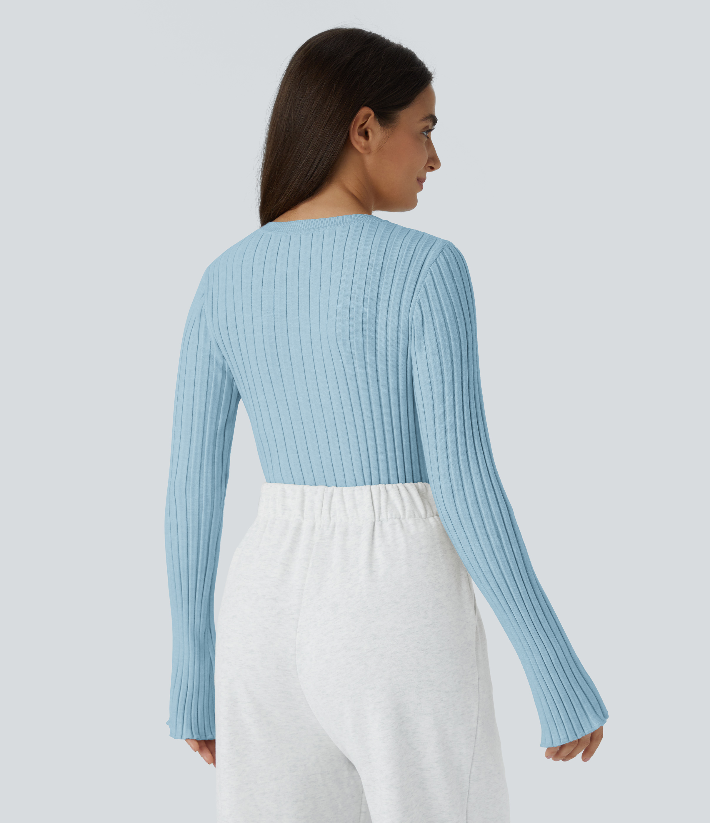 Halara Round Neck Long Sleeve Frill Casual Sweater  - Corydalis Blue - XL 