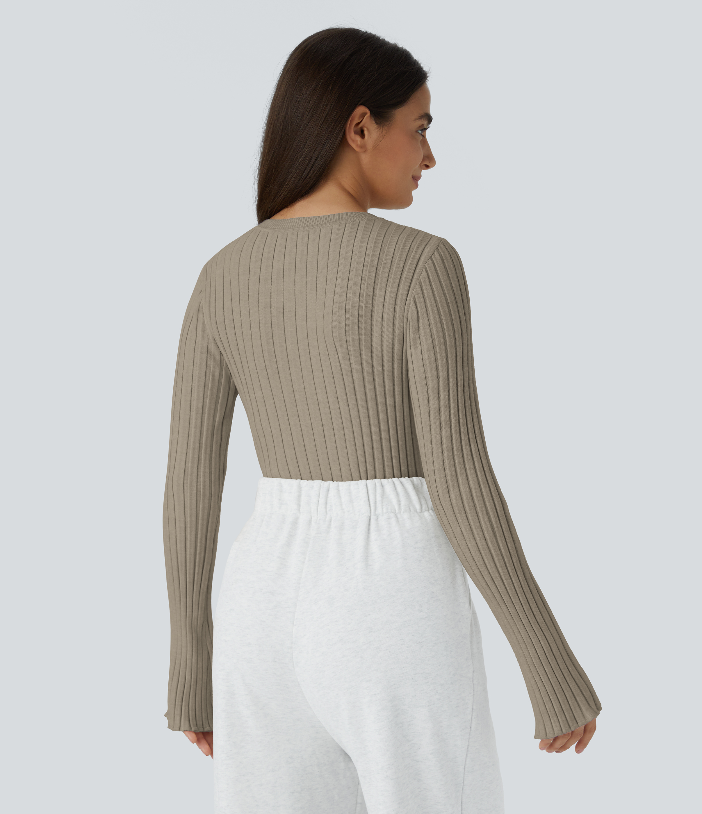 Halara Round Neck Long Sleeve Frill Casual Sweater  - Winter Twig - XS 