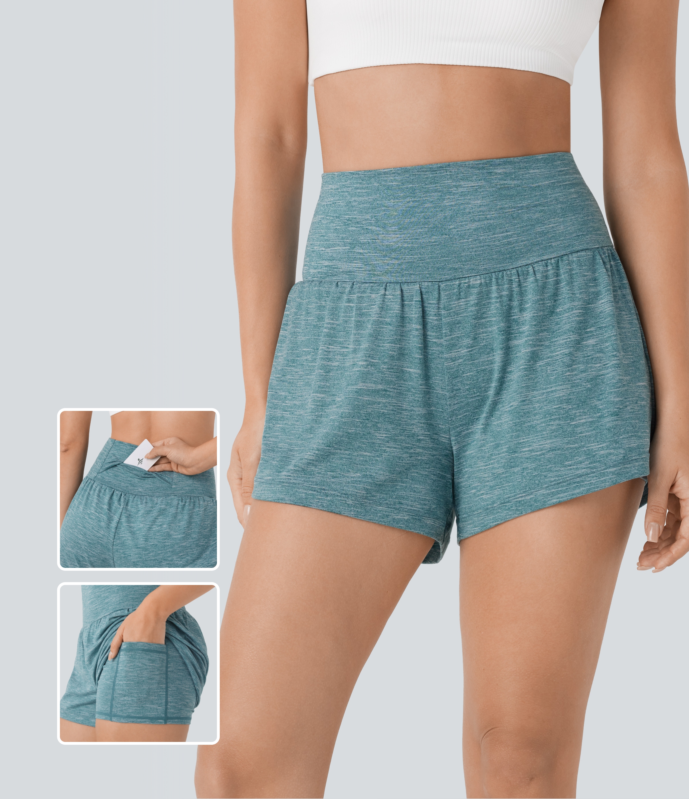 Halara Super High Waisted Back Pocket & Side Hidden Pocket 2-in-1 Yoga Shorts 3`` Gym Short - Patina Green Flower Gray - M booty shorts 