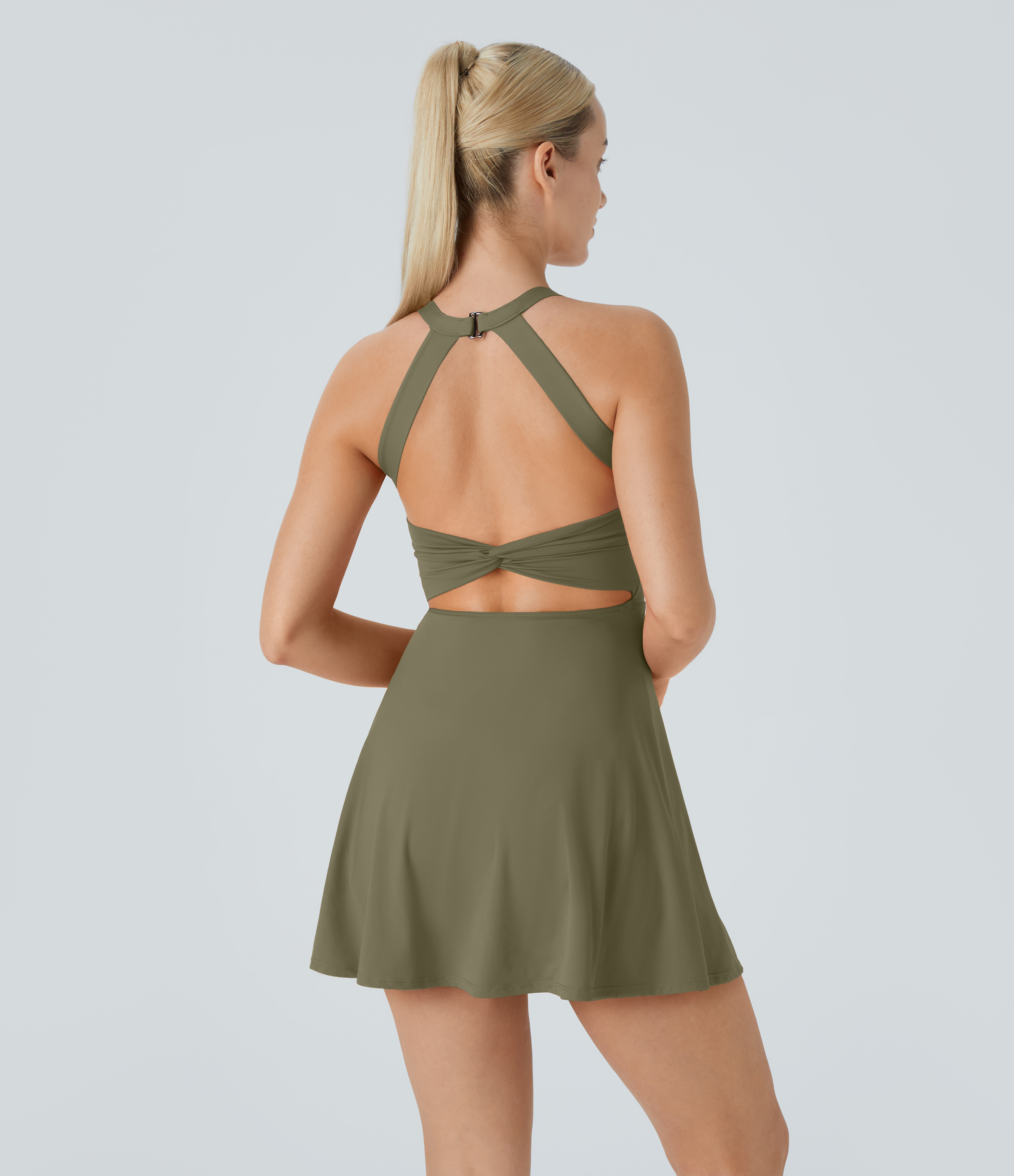 Halara Backless Cut Out Twisted Side Pocket 2-in-1 Barre Ballet Dance Dress Workout Dress - Withered Green - M 