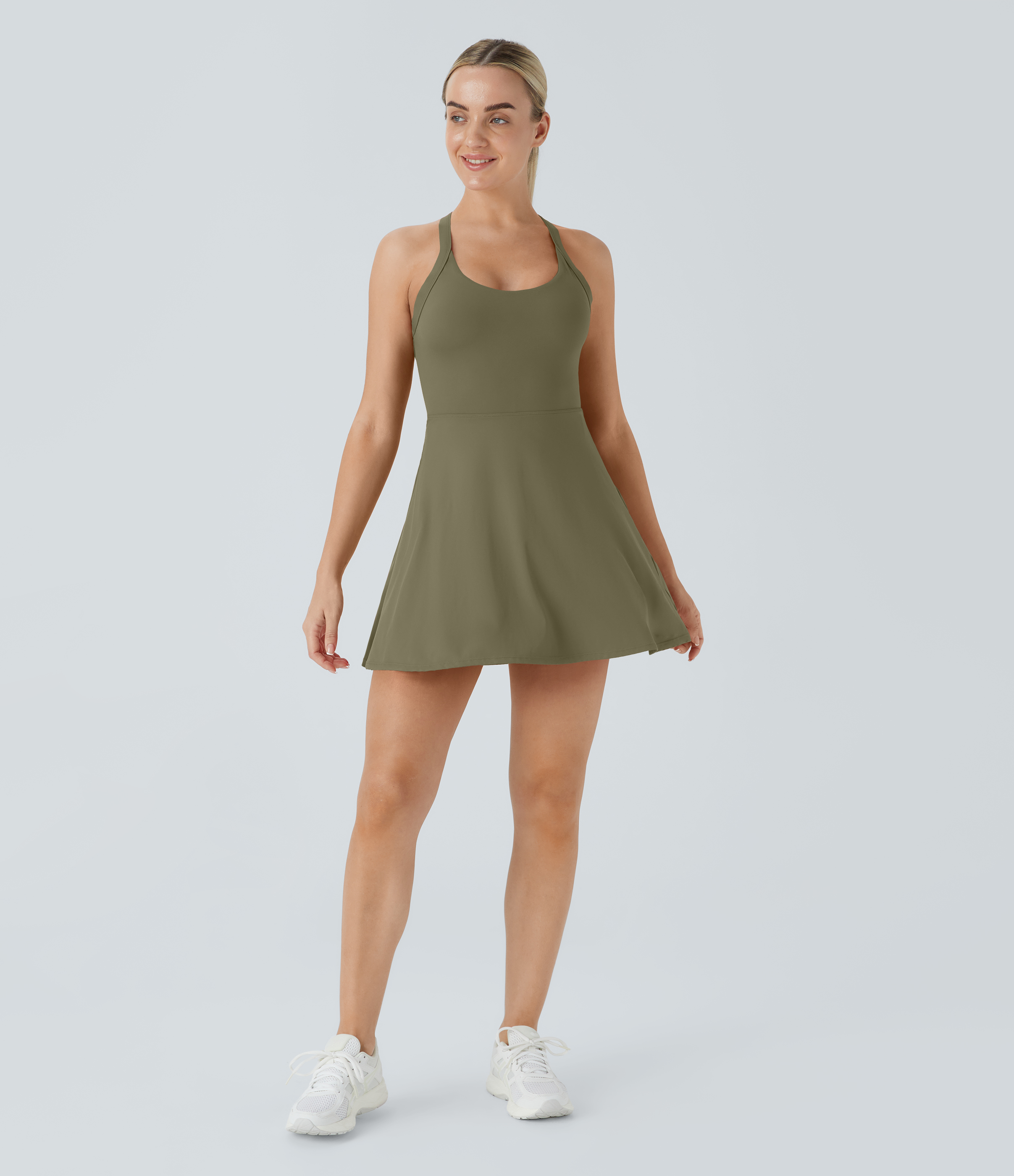 Halara Backless Cut Out Twisted Side Pocket 2-in-1 Barre Ballet Dance Dress Workout Dress - Withered Green - M 