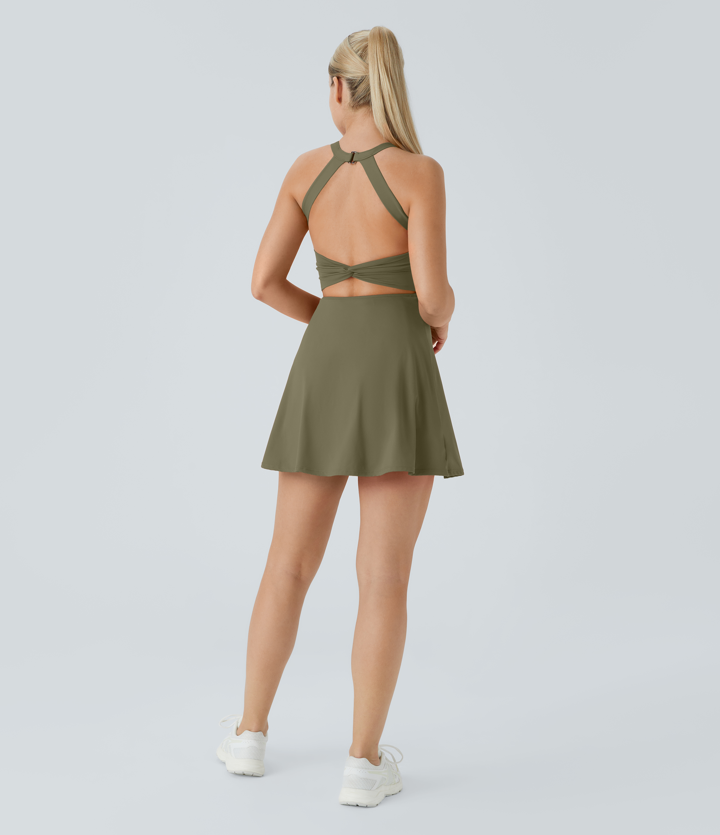 Halara Backless Cut Out Twisted Side Pocket 2-in-1 Barre Ballet Dance Dress Workout Dress - Withered Green - M 