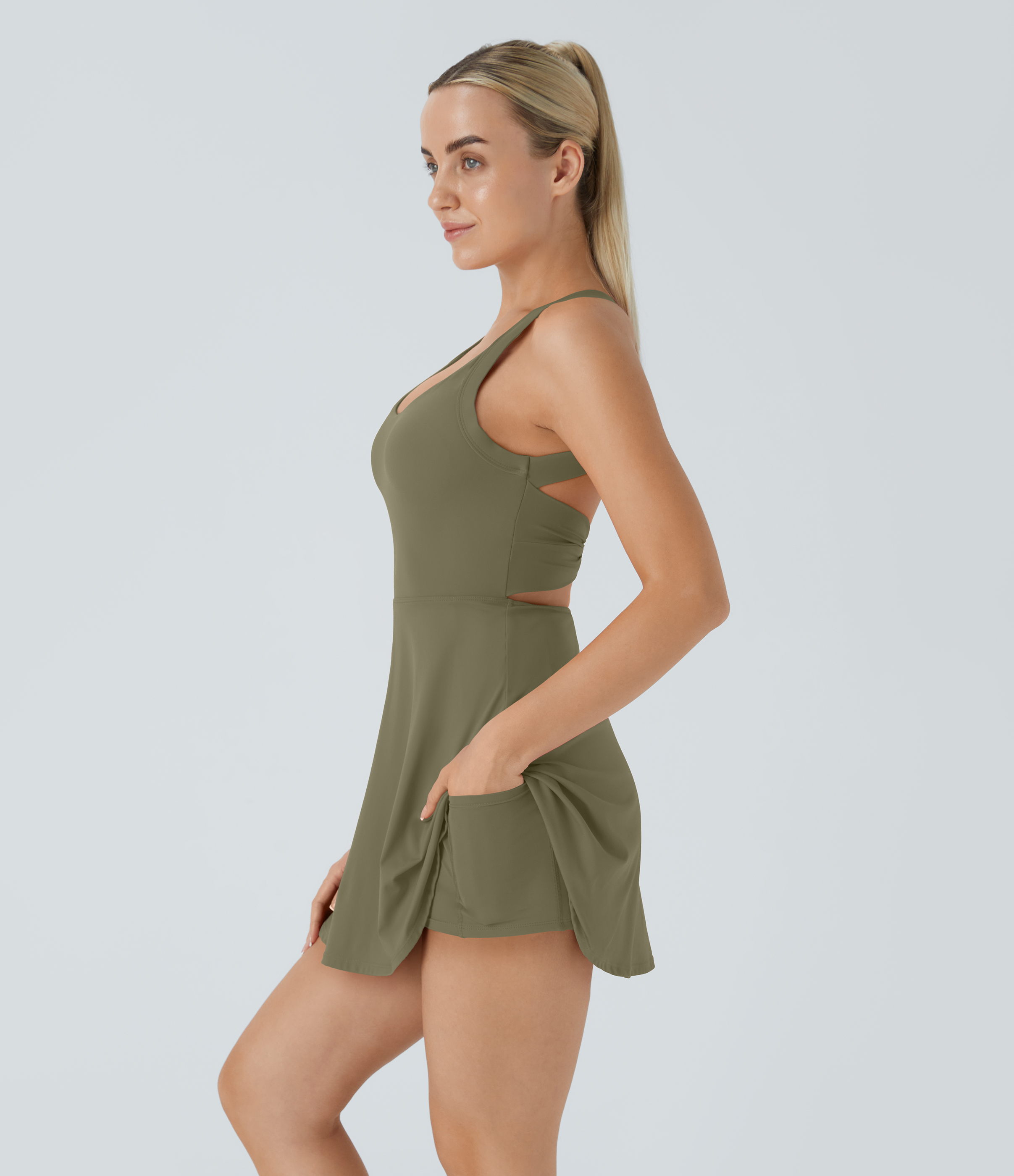 Halara Backless Cut Out Twisted Side Pocket 2-in-1 Barre Ballet Dance Dress Workout Dress - Withered Green - M 